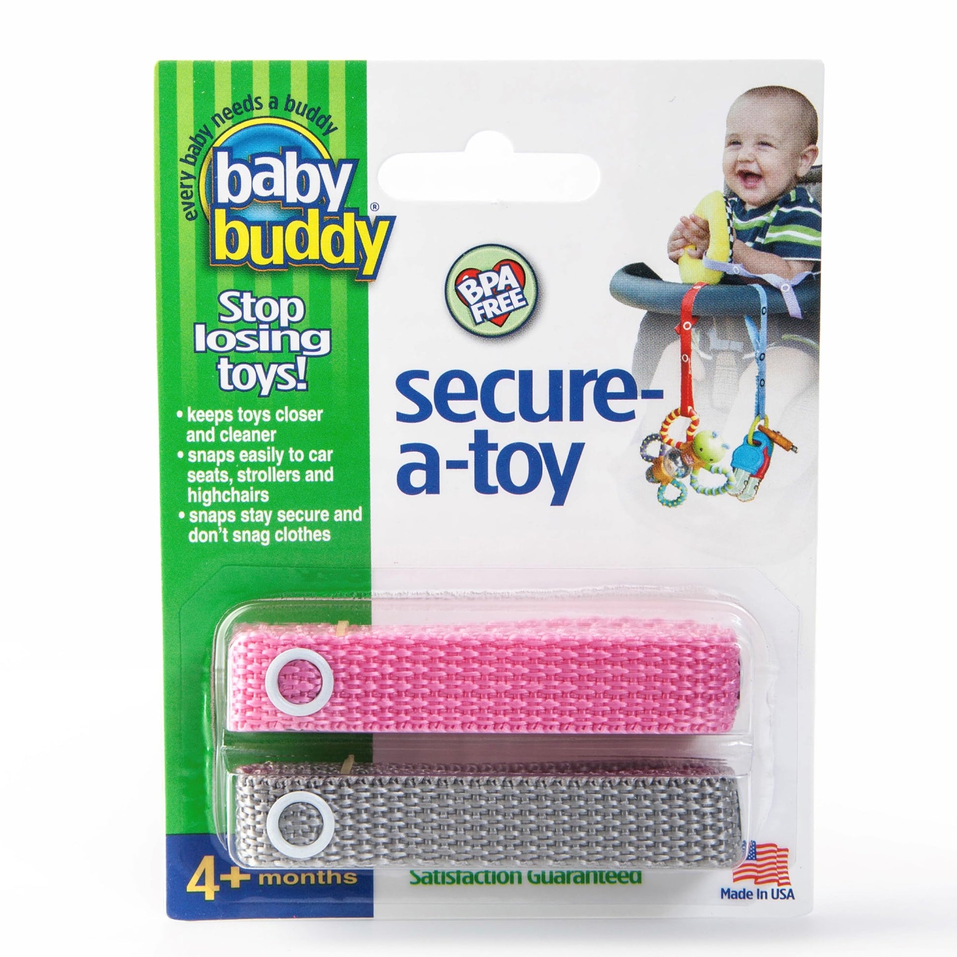 Baby Buddy Secure-a-Toy, Adjustable Pacifier and Teether Strap for Stroller, Highchair, and Car Seat, Pink Gray, 2 Pack - Made i