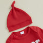 Lesimsam Newborn Infant Baby Boy Valentines Day Outfit Letter Embroidery Long Sleeve Waffle Knit Romper Jumpsuit With Hat(Red, 0