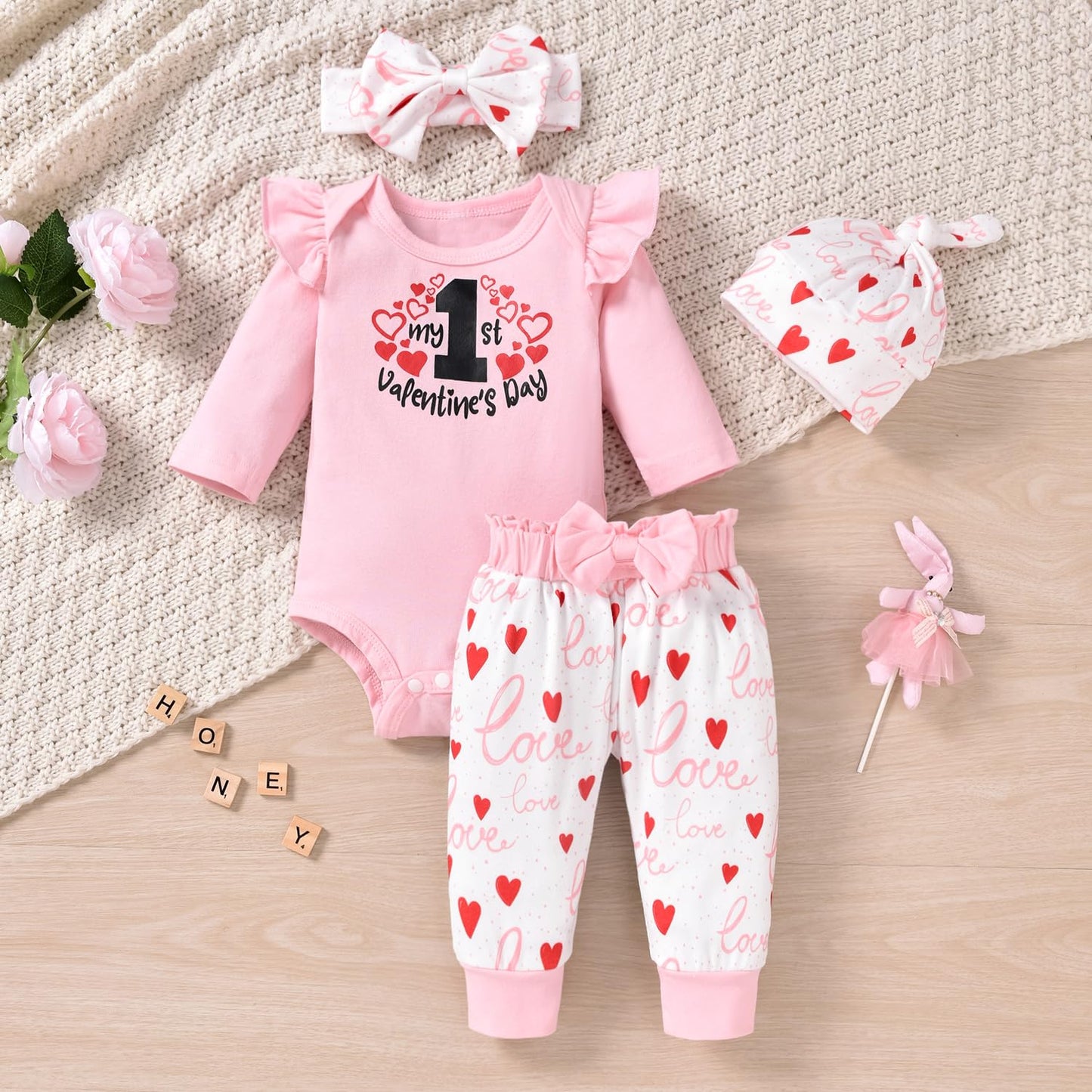 Fioukiay Preemie Baby Girl My 1St Valentine'S Day Clothes Trim Love Heart Bodysuit Pants Valentines Day Outfits (Pink, Preemie)
