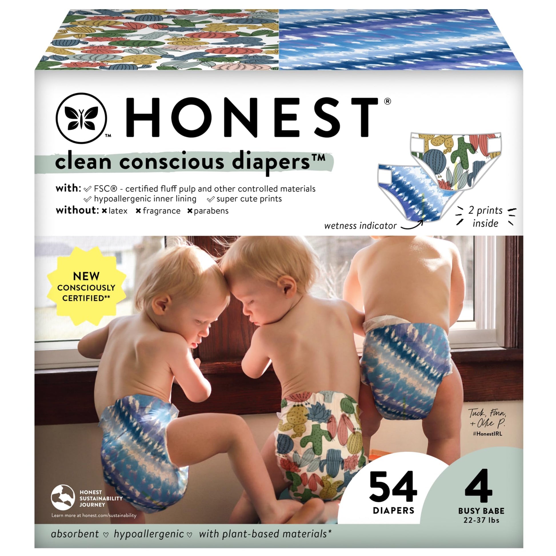 The Honest Company Clean Conscious Diapers | Plant-Based, Sustainable | Tie-Dye For + Cactus Cuties | Club Box, Size 4 (22-37 Lb