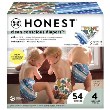 The Honest Company Clean Conscious Diapers | Plant-Based, Sustainable | Tie-Dye For + Cactus Cuties | Club Box, Size 4 (22-37 Lb