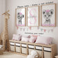 Safari Animals Girls Nursery Bedroom Unframed Set Of 3 Poster Prints, Personalized Name Pink Or Purple Flowers Wall Art Decor Ne