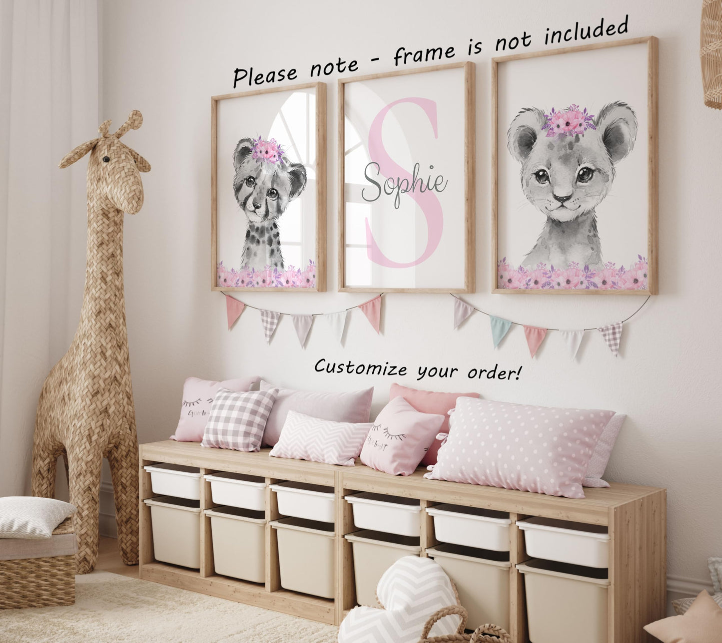Safari Animals Girls Nursery Bedroom Unframed Set Of 3 Poster Prints, Personalized Name Pink Or Purple Flowers Wall Art Decor Ne