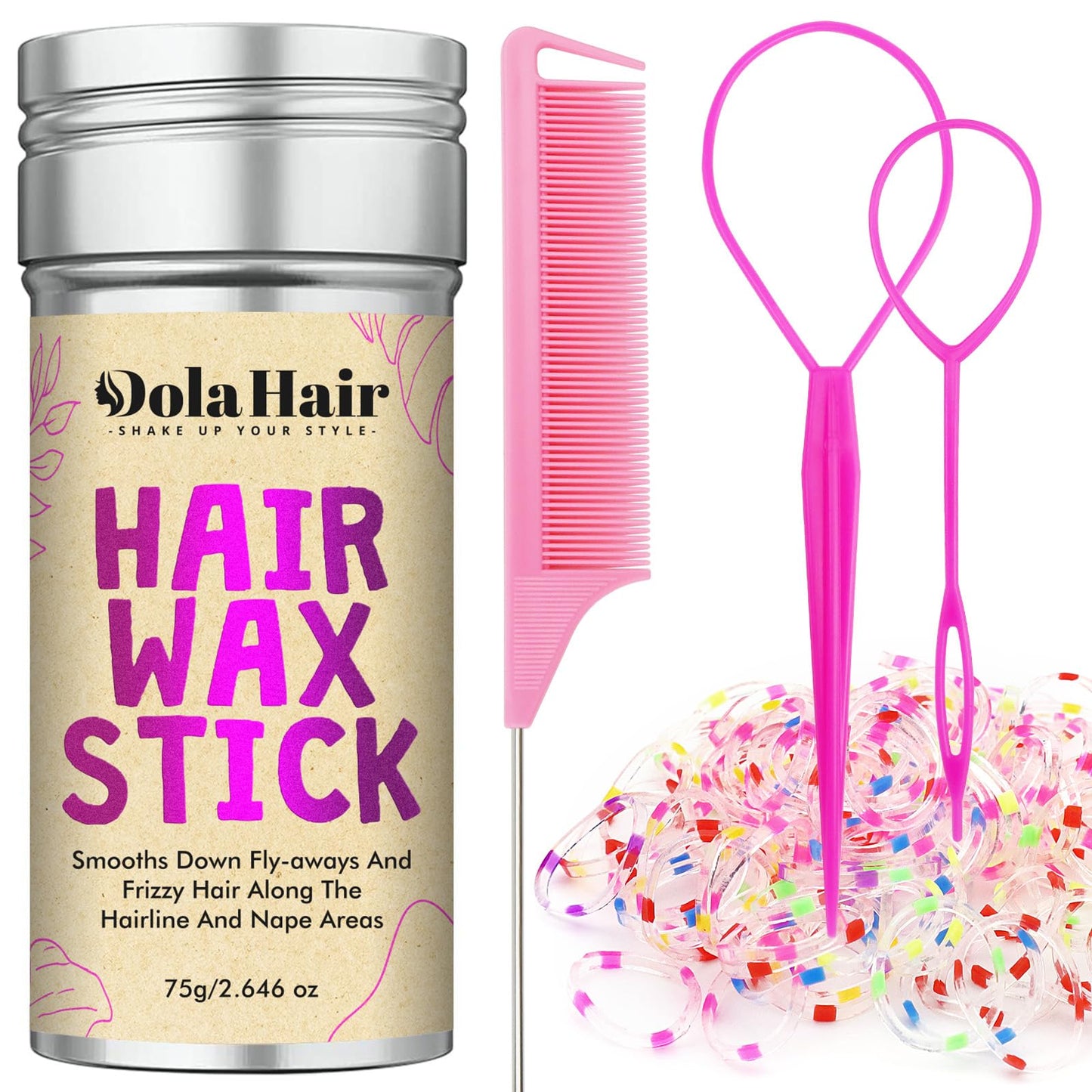 Dolahair Hair Wax Stick & Accessories - Flyaway Control For Kids & Women, 50 Pcs Colorful Elastic Hair Bands, 1 Pcs Slick Back H