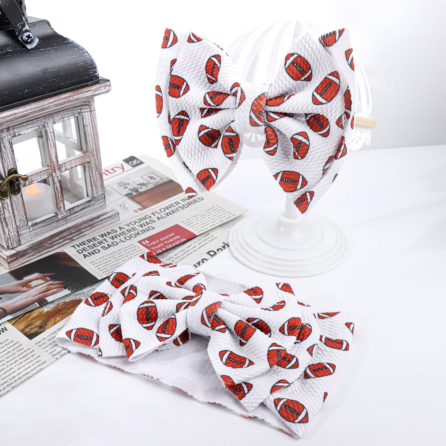 Yanjie Hairband, Football Sports Printed Handmade Hairbands For Baby Girls Infant - 2 Pack, Nylon Game Day Hair Bow Headbands, S