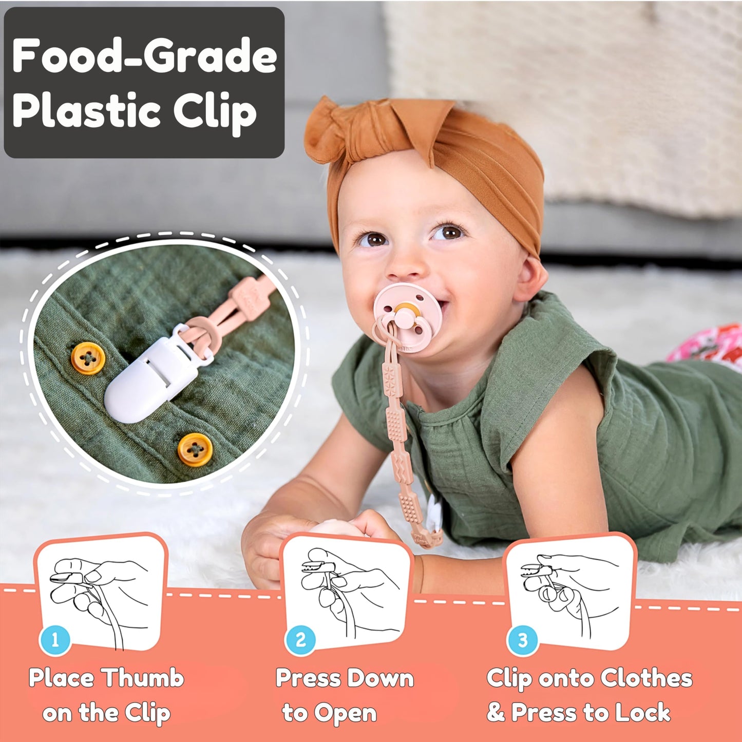 Silicone Pacifier Clip For Babies | 4 Pain Relief Textures, One-Piece Design | 100% Food-Grade, Flexible Binky Clips For Boys &