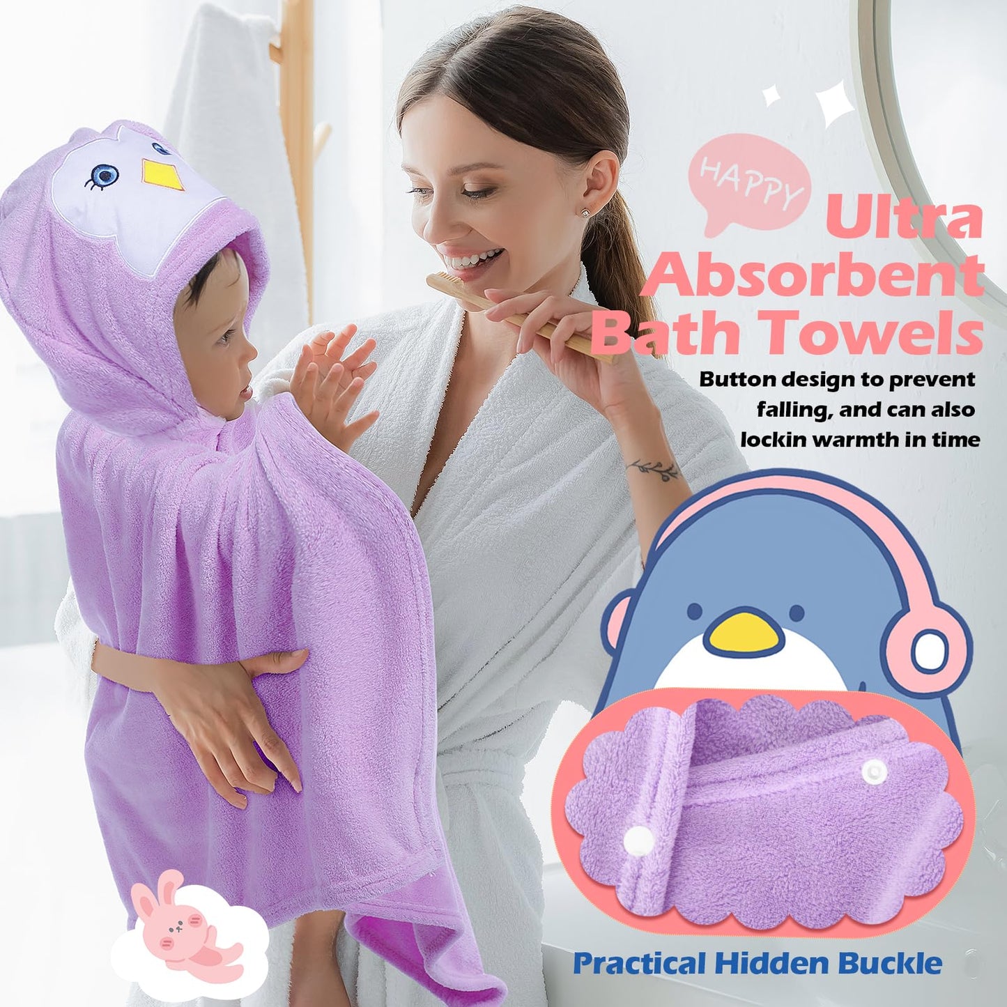 Preboun 2 Pcs Kid Hooded Bath Towel Toddler Towel 27.5 X 55'' Large Hooded Towel For Kids 3-10 Yrs Wrap Bathrobe Boy Girl(Light