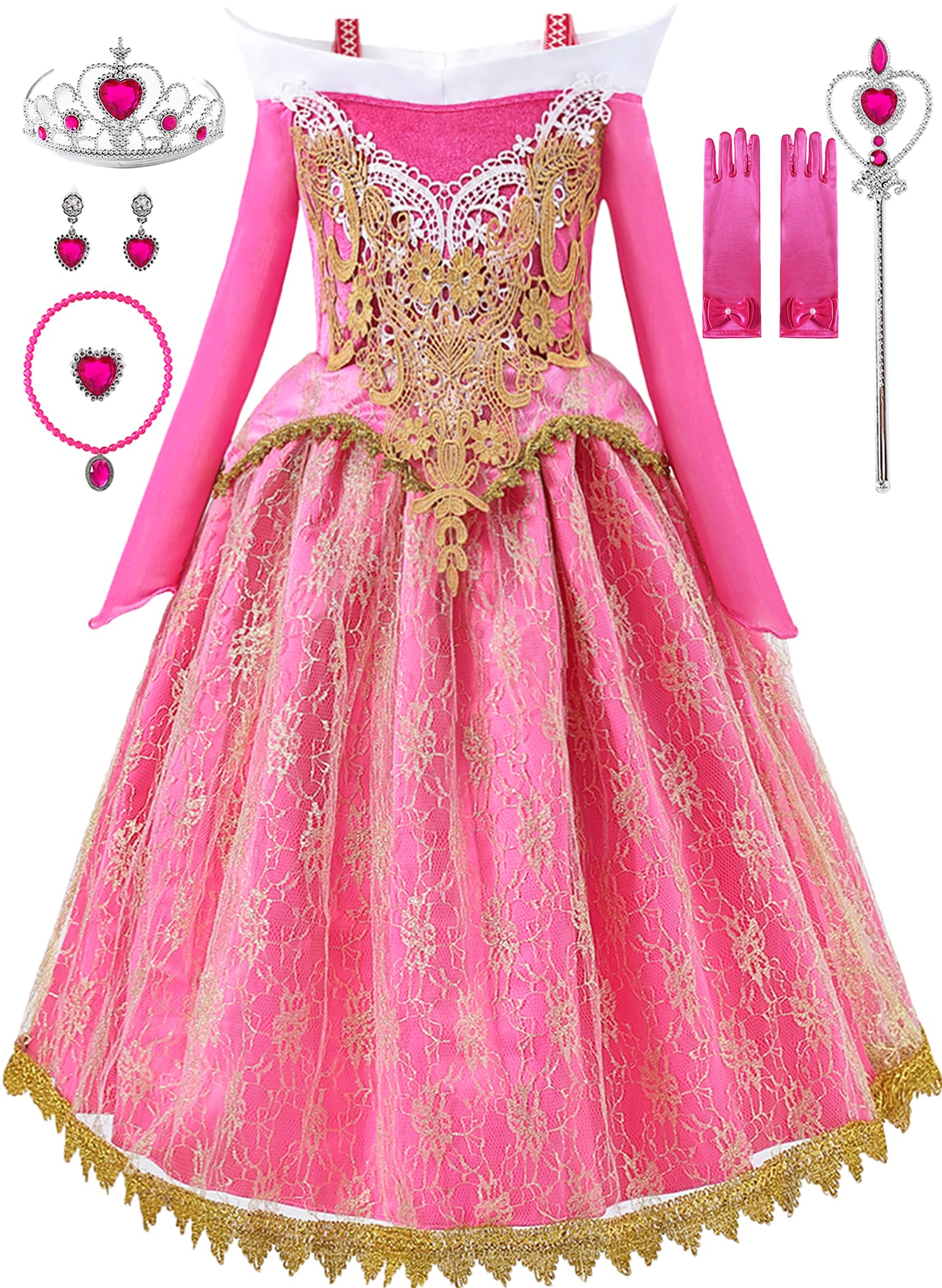 Aoiviss Girls Princess Costume Dresses Pink Princess Dress Up Clothes With Accessories For Halloween Cosplay Carnival Party