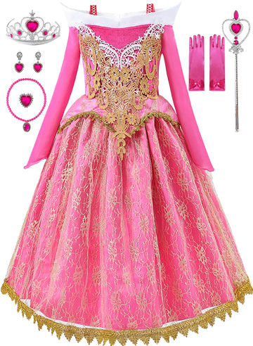 Aoiviss Girls Princess Costume Dresses Pink Princess Dress Up Clothes With Accessories For Halloween Cosplay Carnival Party