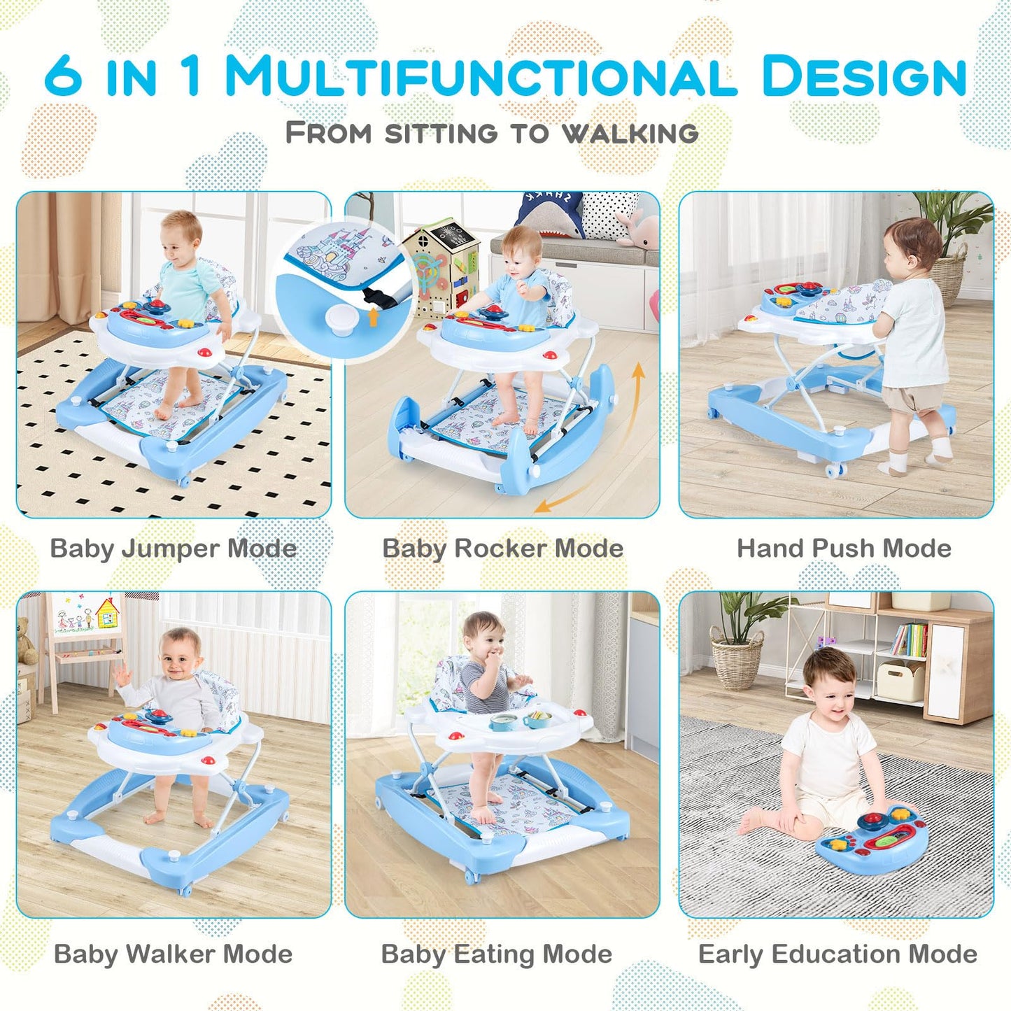 Baby Joy 6-In-1 Baby Walker With Wheels, Adjustable Height, Music, Lights, Rocker Mode - Boy/Girl, 6-18 Months (Blue)