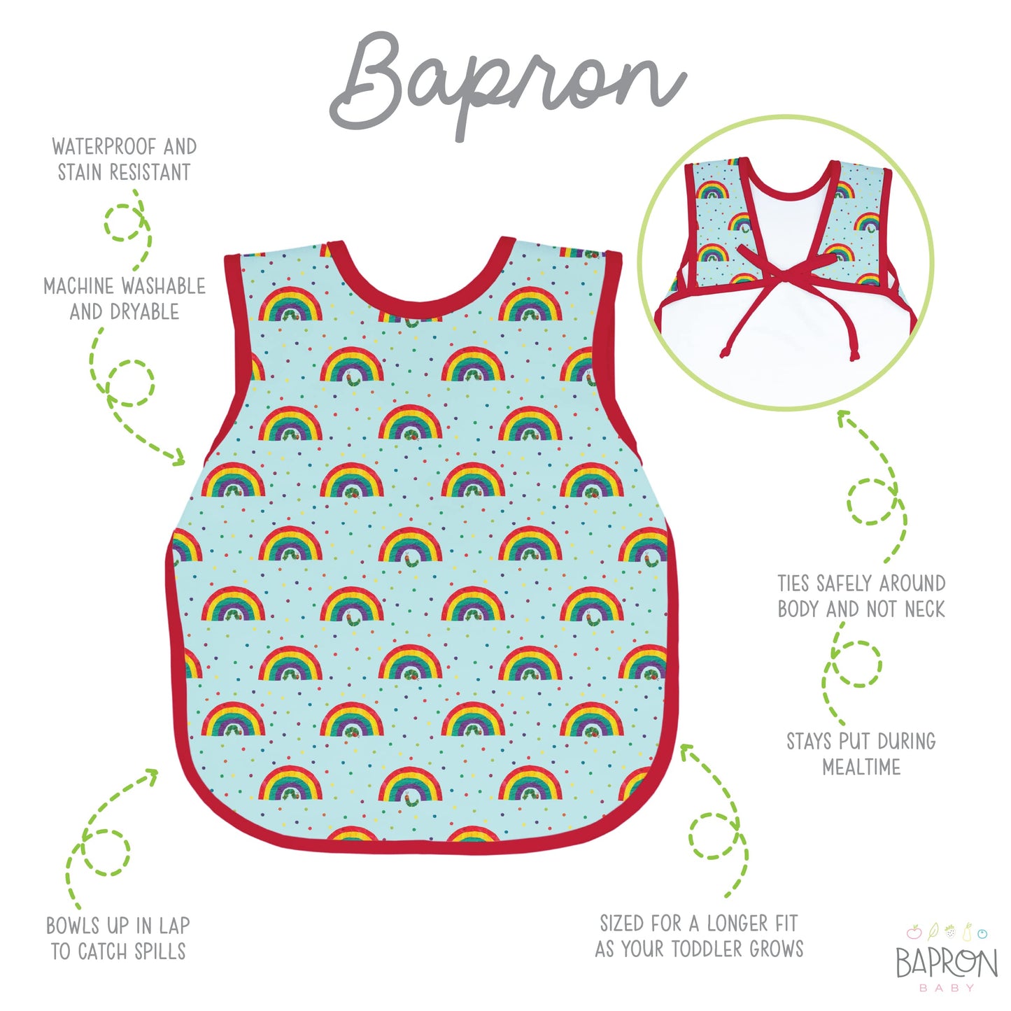Bapronbaby Eric Carle Rainbow Caterpillar Bapron - No Neck Tie Safer Bib For Baby & Toddler - Soft Waterproof Stain Resistant -