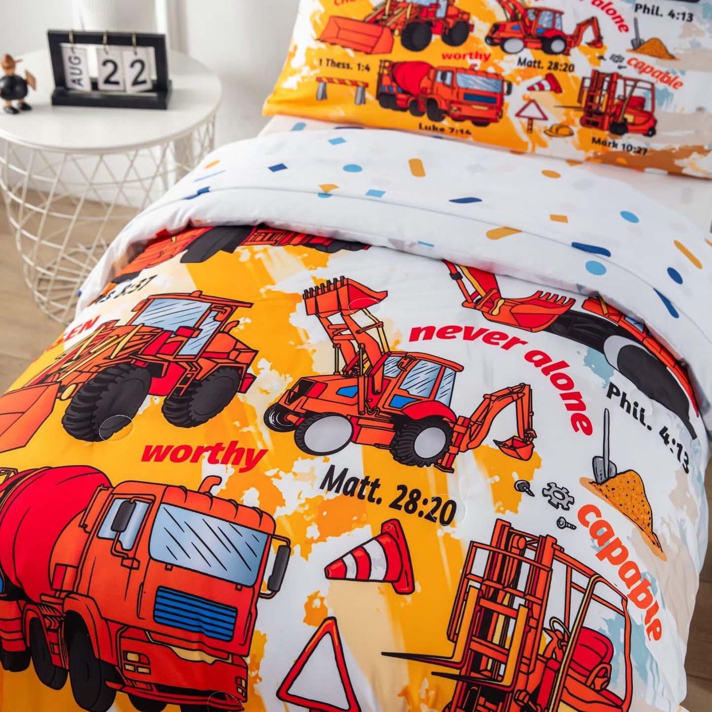 4 Piece Toddler Bedding Set For Boys,Cars Construction Toddler Bed Comforter Set Includes Comforter,Flat Sheet,Fitted Sheet And