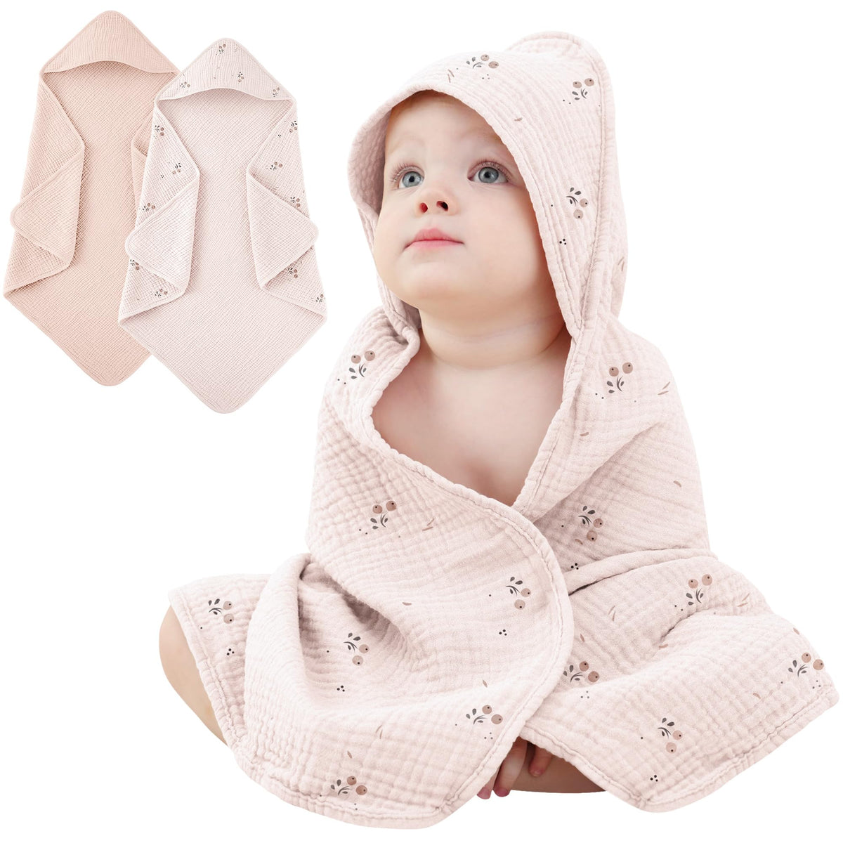 Susurration 2 Pack Baby Hooded Towels, 100% Cotton Soft and Absorbent Muslin Baby Bath Towel for Newborn, Infant, Girls, Boys, B