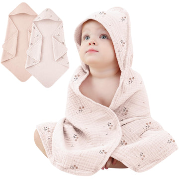 Susurration 2 Pack Baby Hooded Towels, 100% Cotton Soft and Absorbent Muslin Baby Bath Towel for Newborn, Infant, Girls, Boys, B