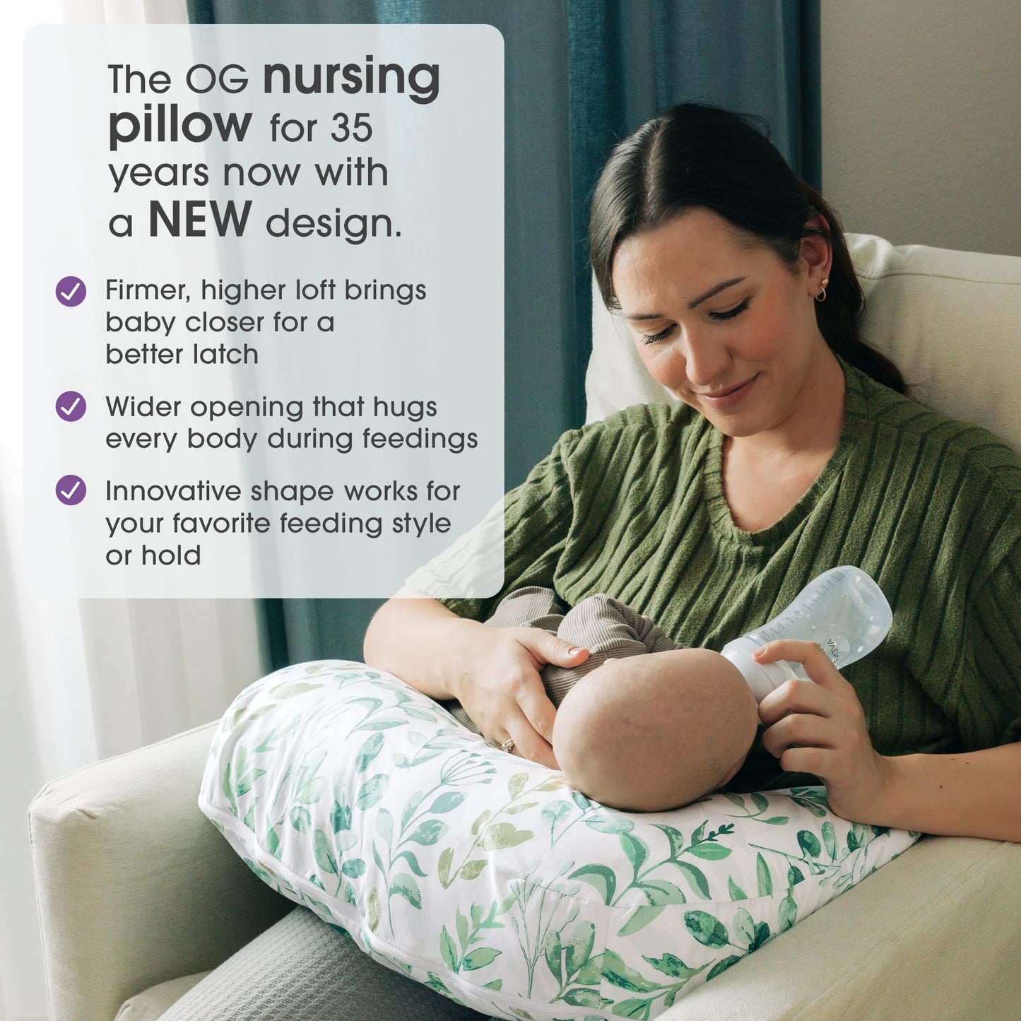 Boppy Nursing Pillow, Green Sage Leaf, Larger, More Supportive Pillow For Breastfeeding And Bottle Feeding, Firmer Fill, Higher
