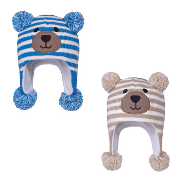 Langzhen Toddler Kids Infant Winter Hat,Earflap Knit Warm Cap Fleece Lined Beanie For Baby Boys Girls (Bear -Blue Stripebear -Be