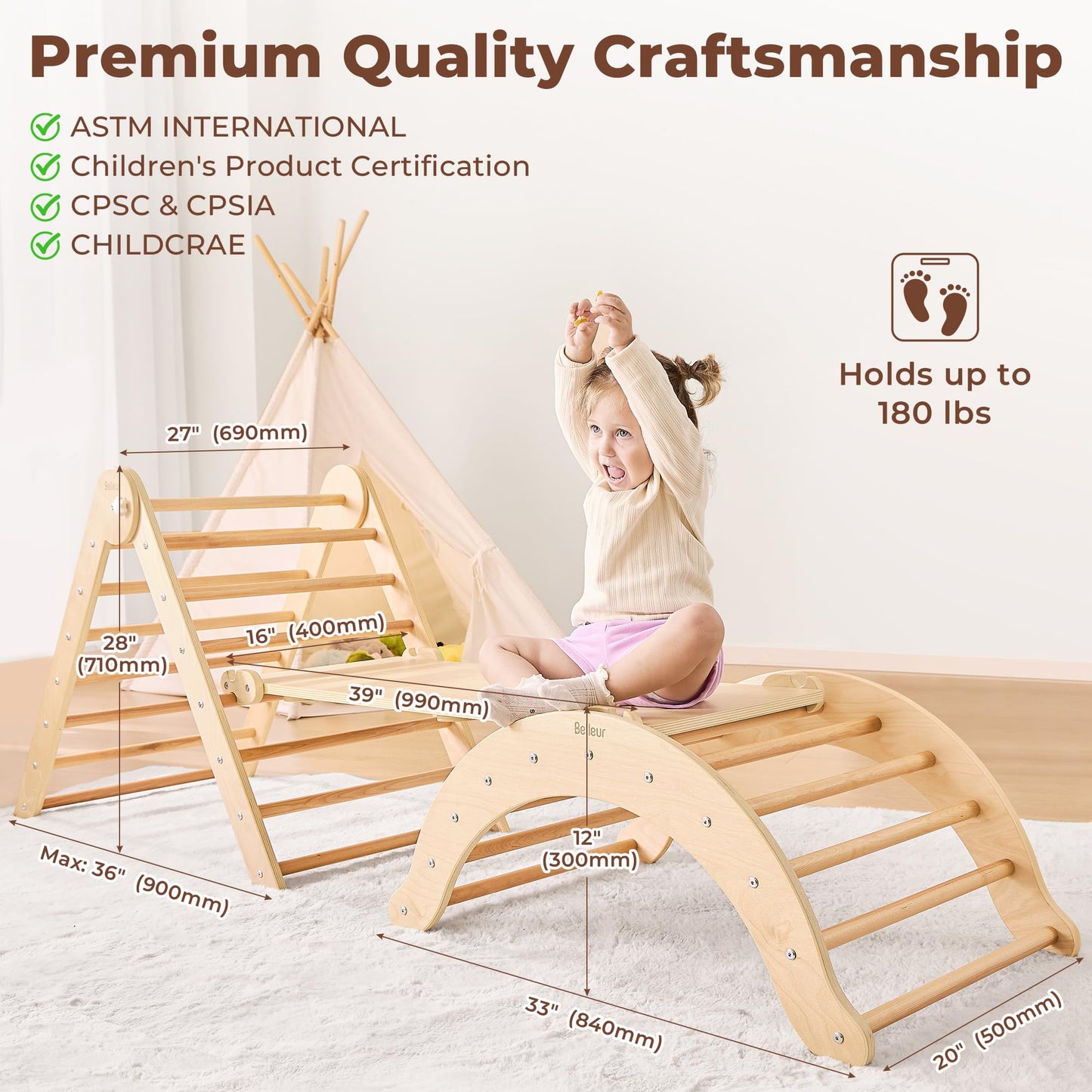 Belleur 7 In 1 Wood Pikler Triangle Set, Foldable Toddler Climbing Toys Indoor, Montessori Climbing Set With Ramp, Arch & Climbi