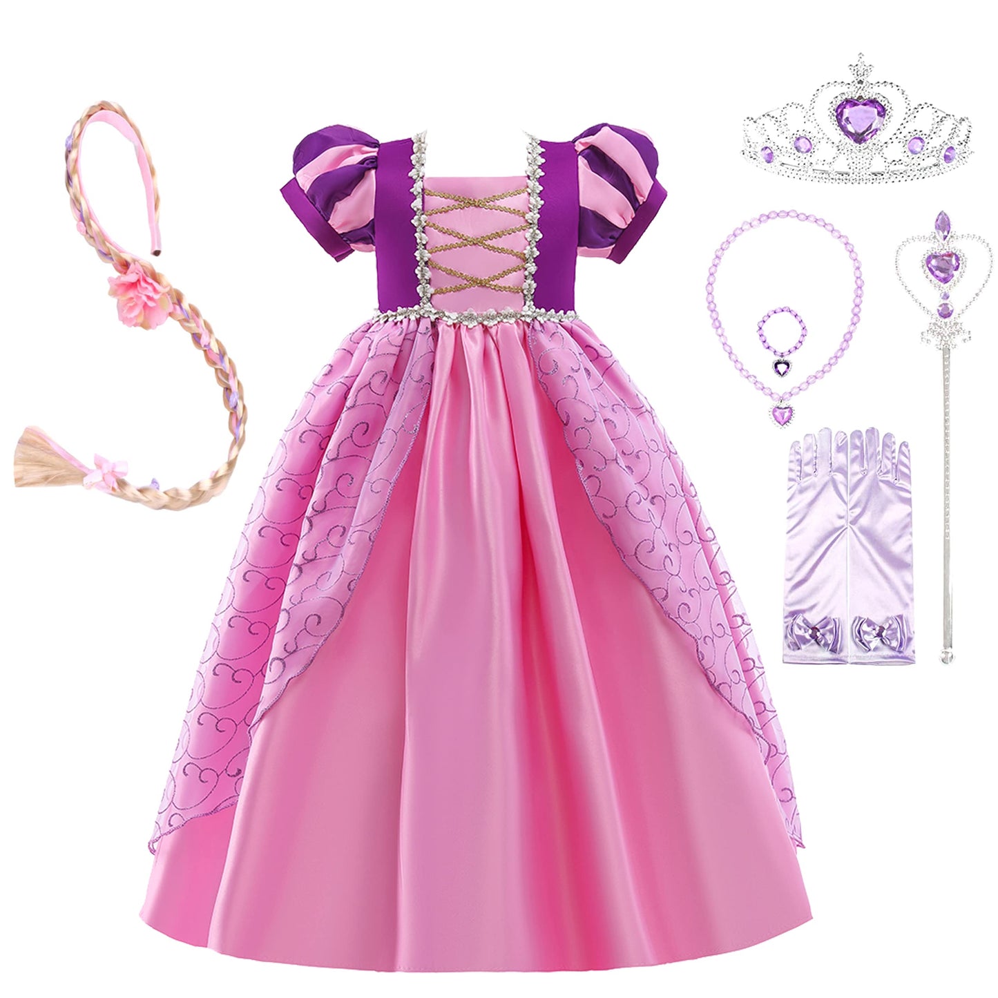 Dressy Daisy Long Braid Princess Costume Halloween Birthday Party Fancy Dress Up With Accessories For Little Girls Size 12