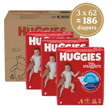 Huggies Size 2 Diapers, Little Snugglers Baby Diapers, Size 2 (12-18 Lbs), 186 Count (3 Packs Of 62), Packaging May Vary
