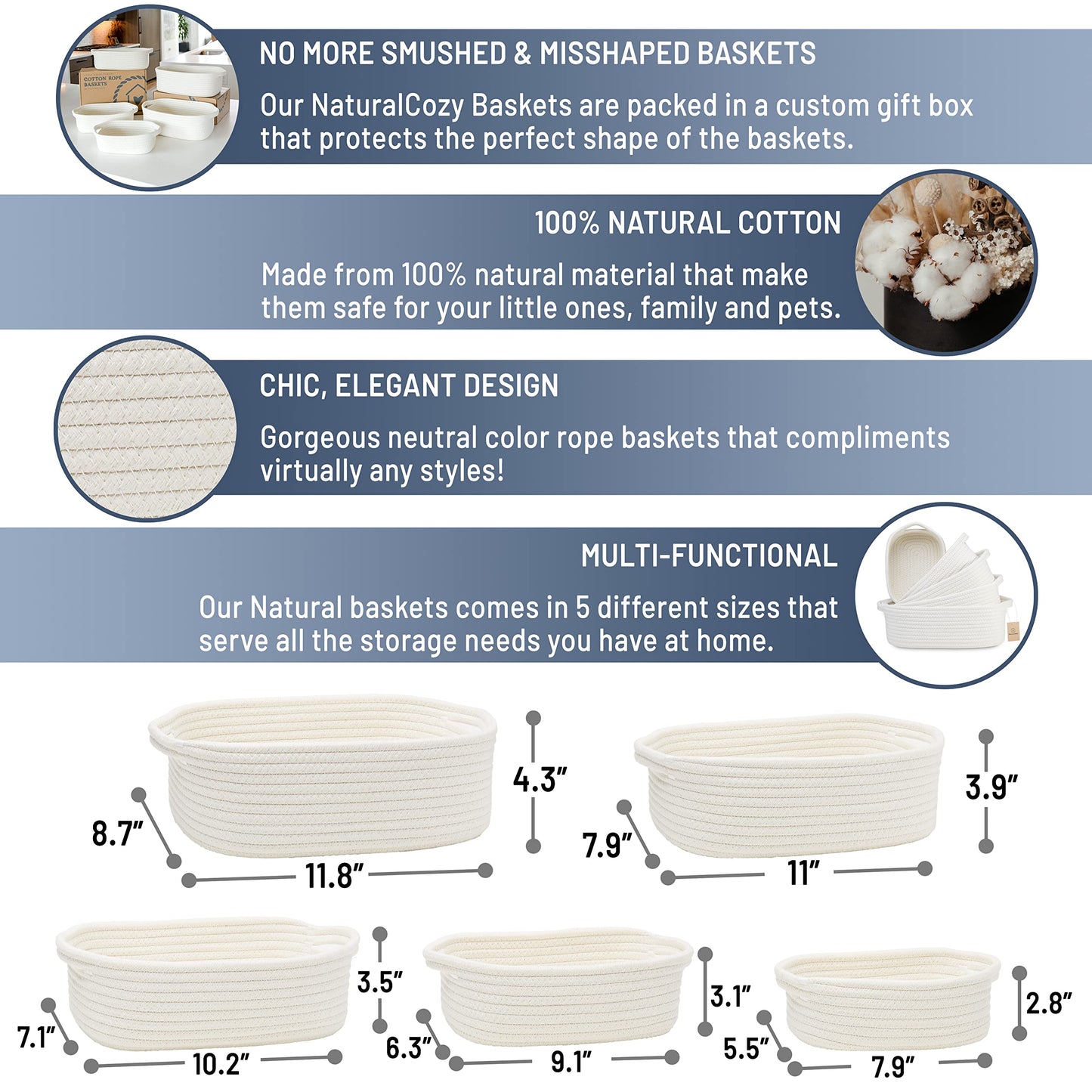 Naturalcozy 5-Piece Rectangle Storage Basket Set- Natural Cotton Rope Woven For Organizing! Small Basket For Montessori, Baby Nu