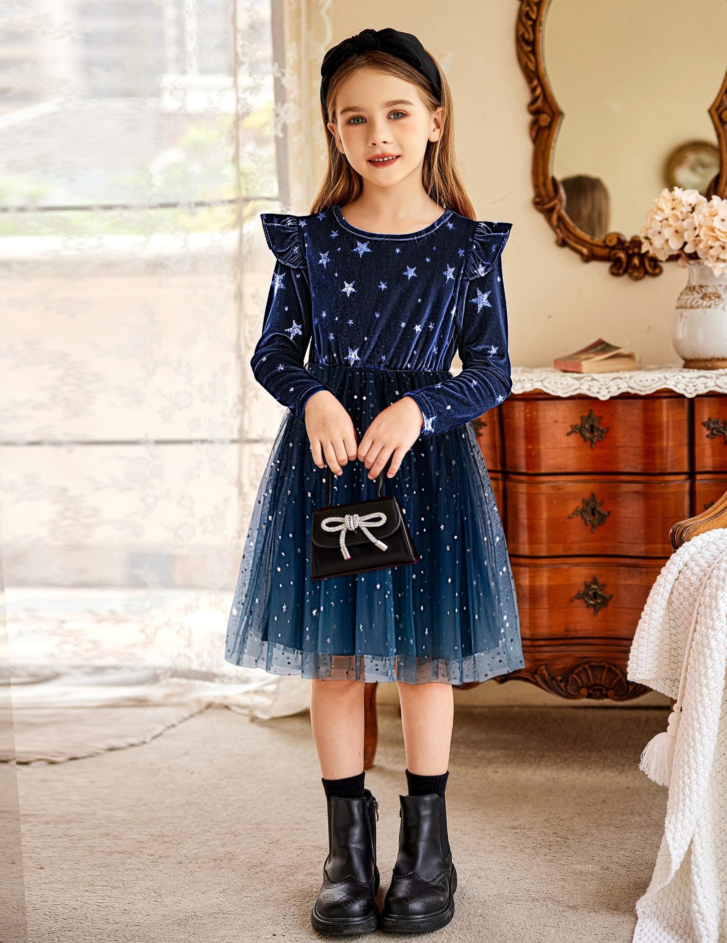 Arshiner Formal Dress For Girls Velvet Tulle Tutu Fall Long Sleeve Winter Princess Outfit Navy 3T