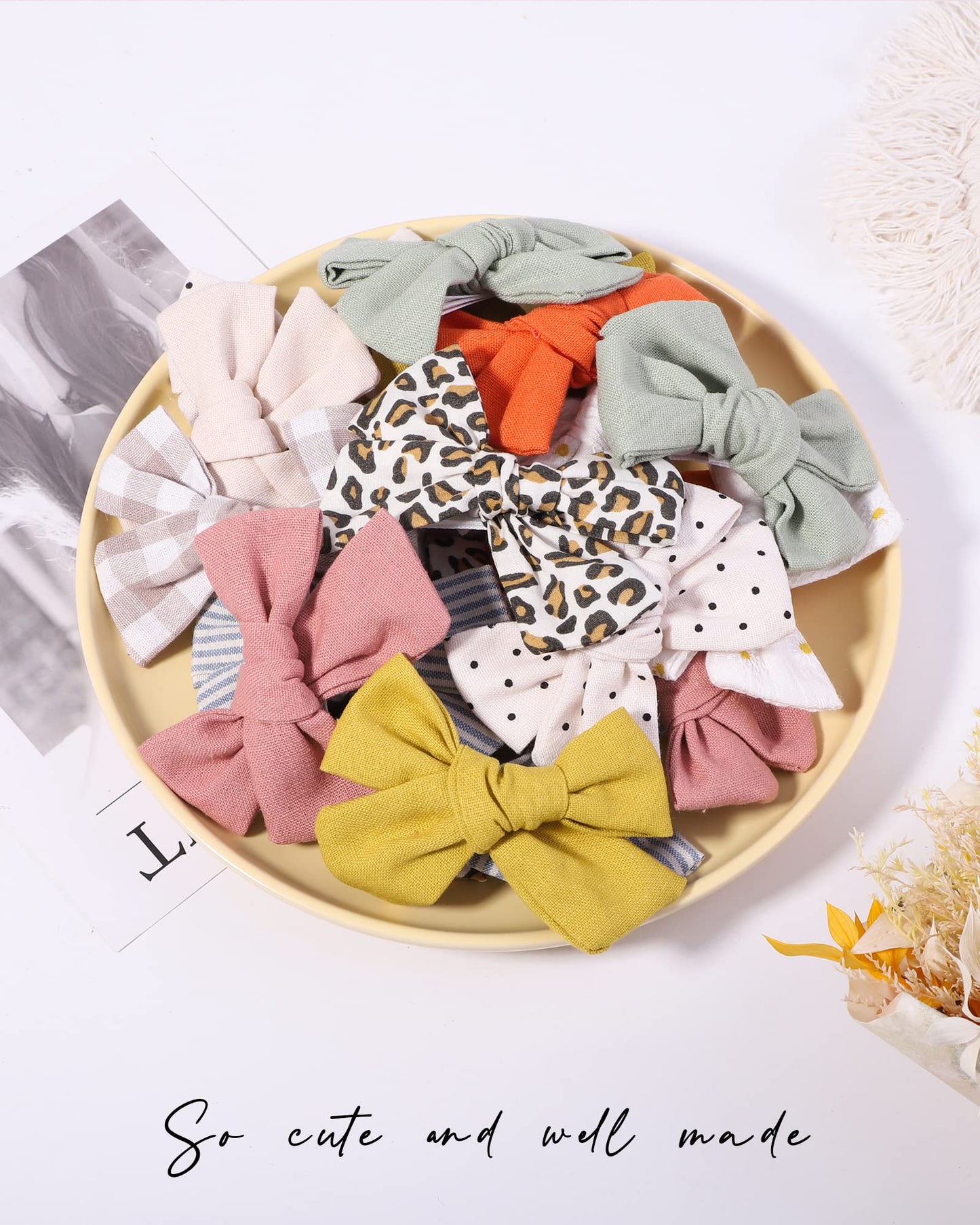 Jollybows 20Pcs 3.5 Inches Baby Girls Linen Hair Bows Clips 10 Colors Fully Lined Hair Barrettes Accessories For Babies Infant T