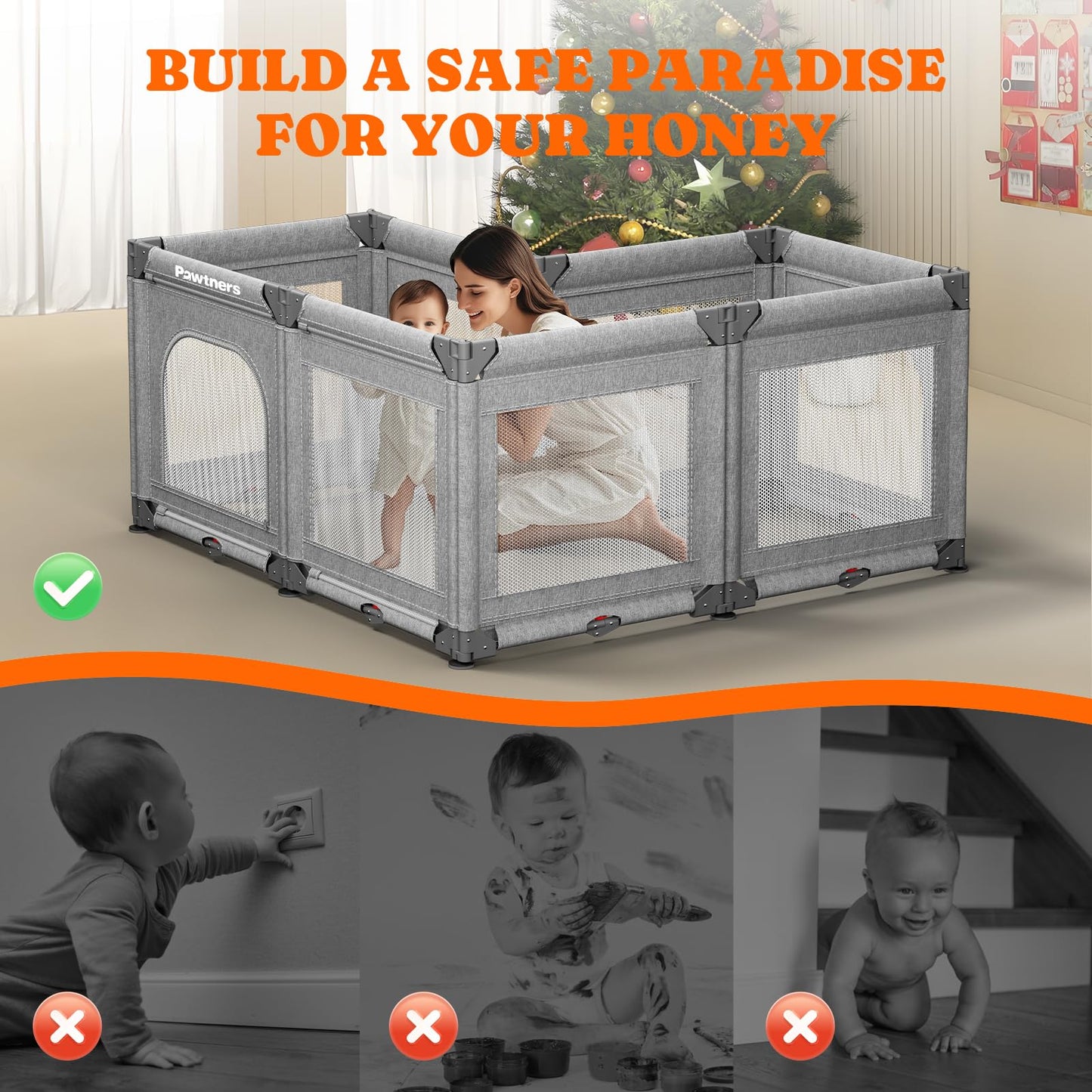 Portable Playpen For Babies And Toddlers With Foldable Adjustable Shape & Size, 56' L X 56' W X 28' H, 21 Square Feet, Baby F