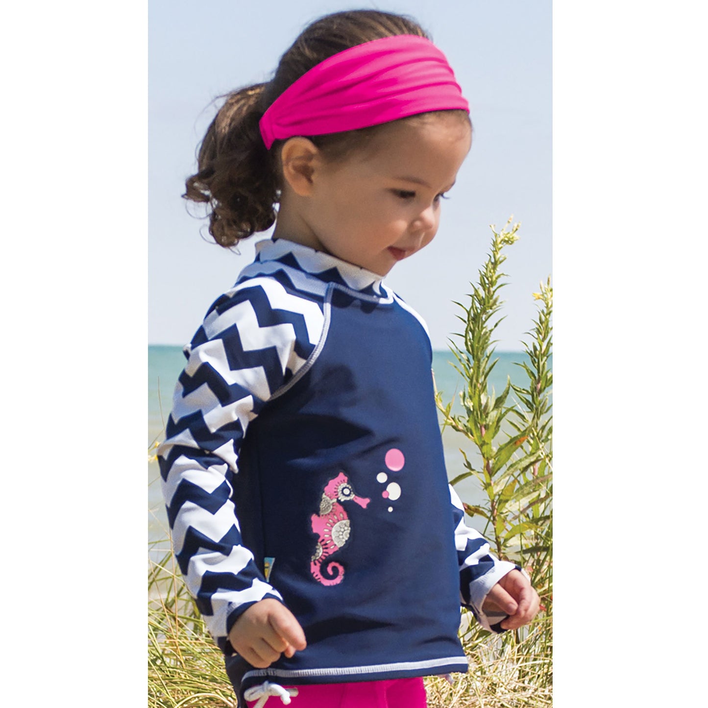 Navy Blue Baby Girl Long Sleeve Rash Guard By Sun Smarties, Seahorse, 12 Mo.