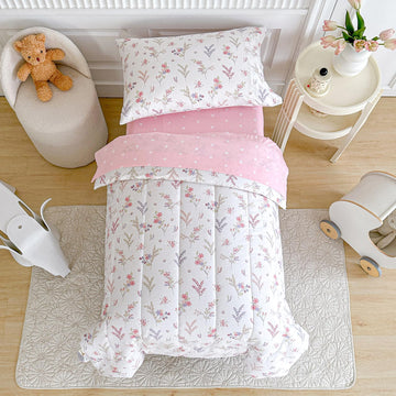 Joyreap 4 Piece Cotton Toddler Bedding Set For Girls, Flowers N Leaves Pink Design, Soft Breathable Cotton Toddler Comforter Set