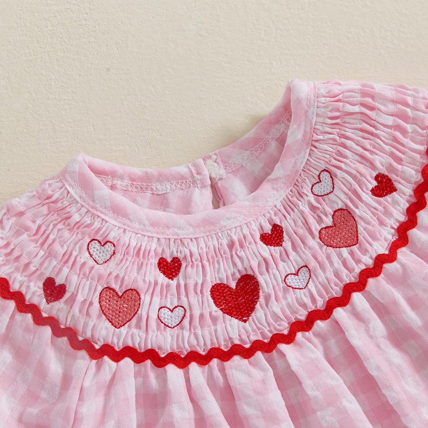 Toddler Baby Girl Valentines Day Outfit Ruffle Smocked Heart Embroidery Dress Plaid Playwear Summer Outfit 6M-4T (Pink, 18-24 Mo