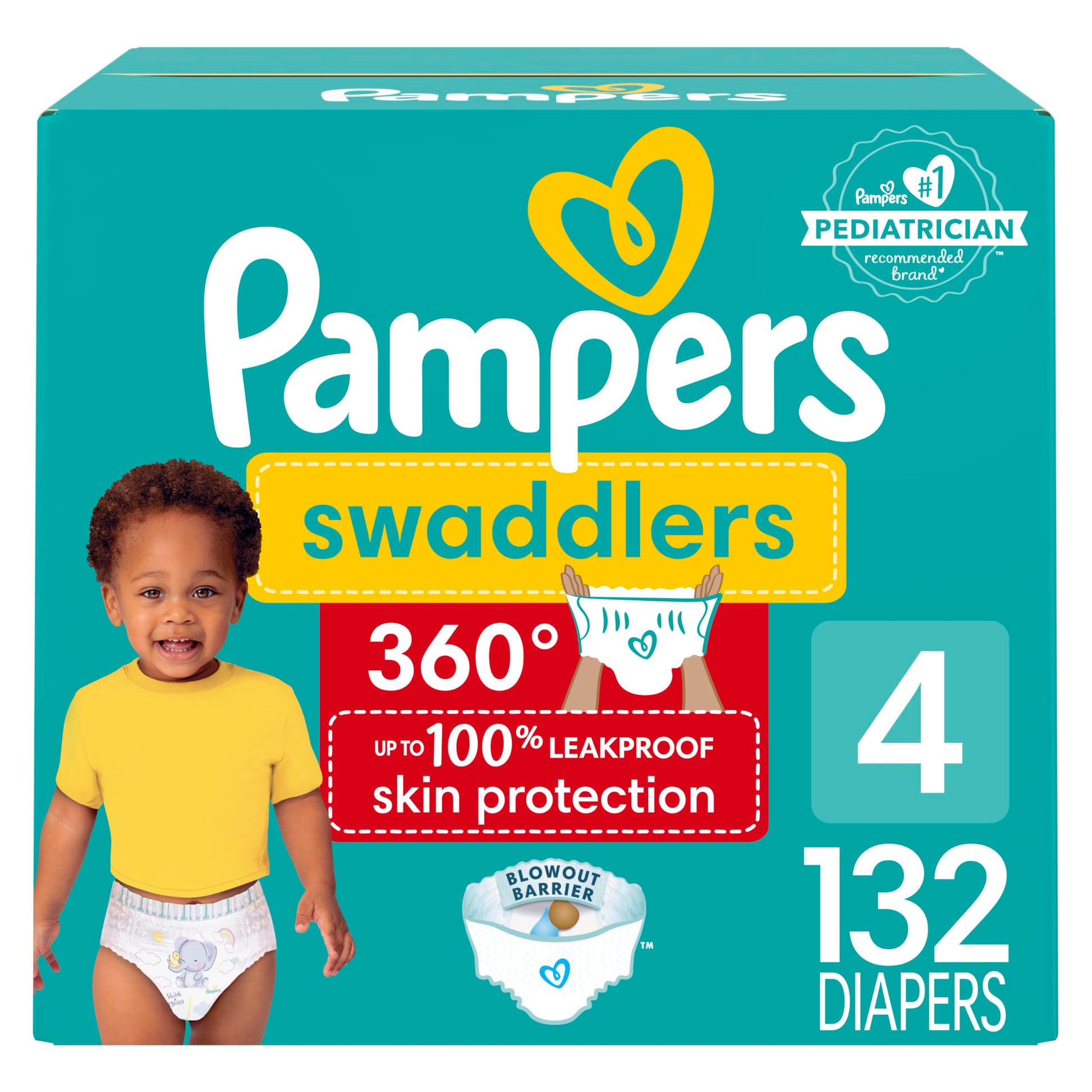 Pampers Diapers - Swaddlers 360 - Size 4, 132 Count, For Up To 100% Leakproof Premium Skin Protection