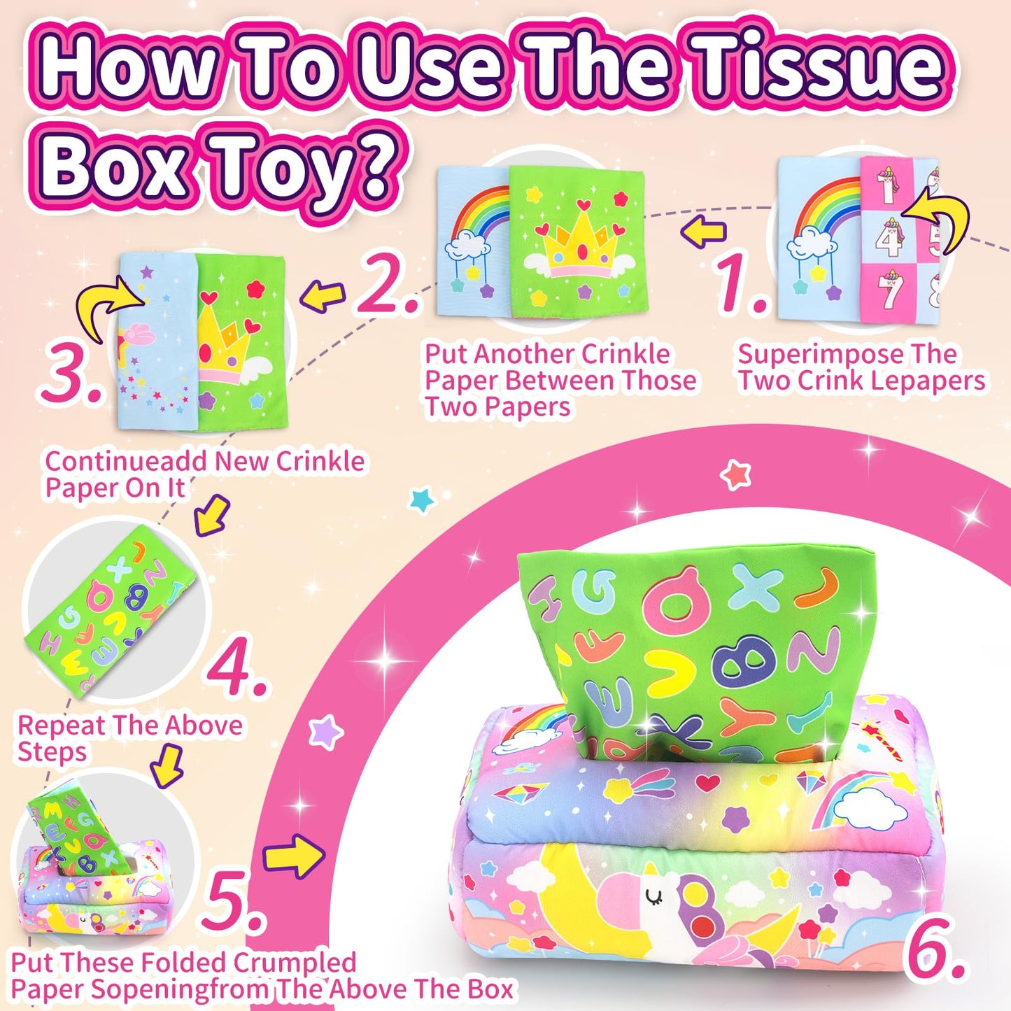 usrela Baby Toys 6 to 12 Months - Tissue Box Toy, Baby Toys for 6 12 18 Months, Unicorn Tissue Learning Toys with Alphabet Numbe