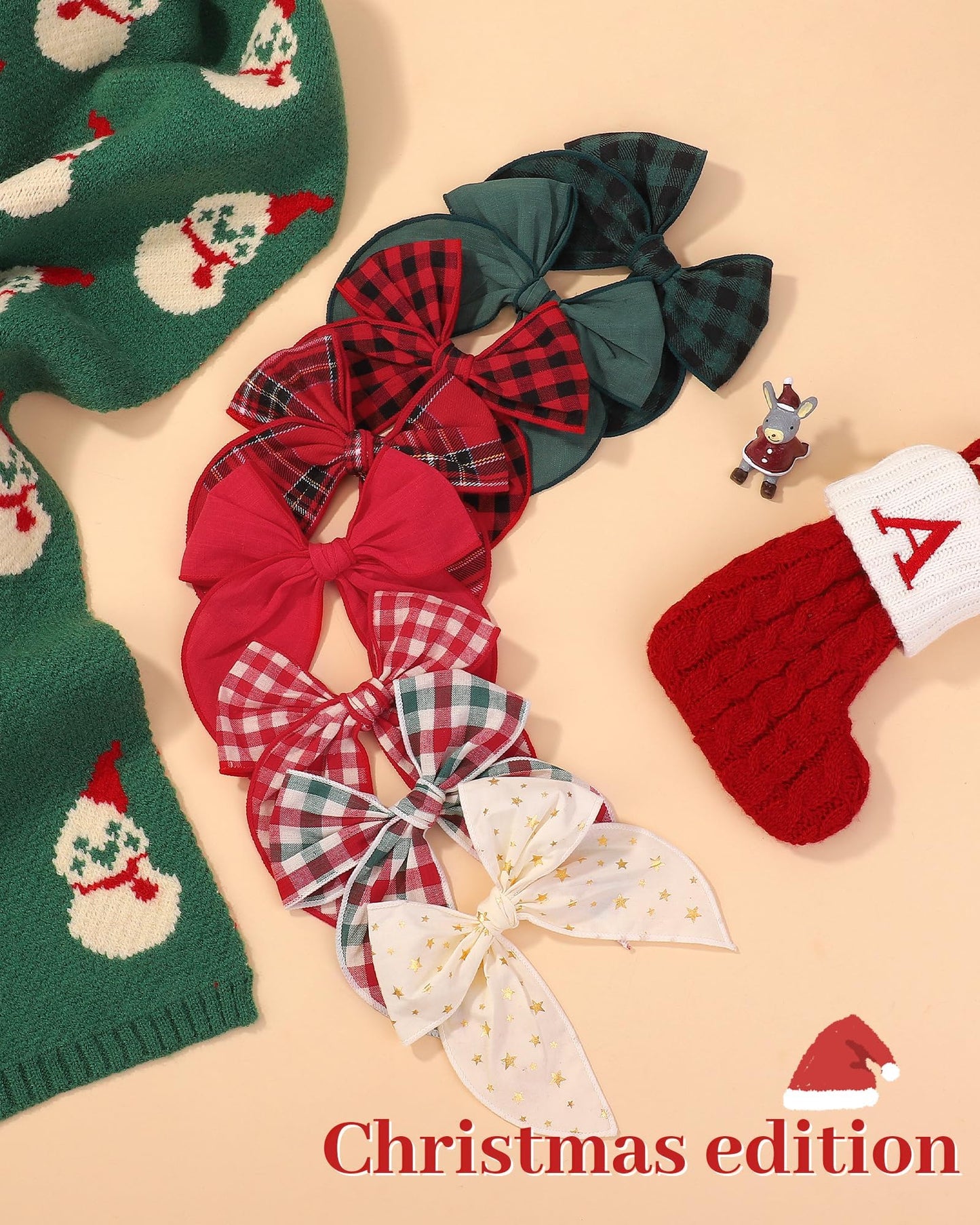 Doboi 8Pcs Baby Girls Hair Clips Large Christmas Fable Hair Bows Cotton Linen Bows For Girls Gingham Hair Accessories For Baby T