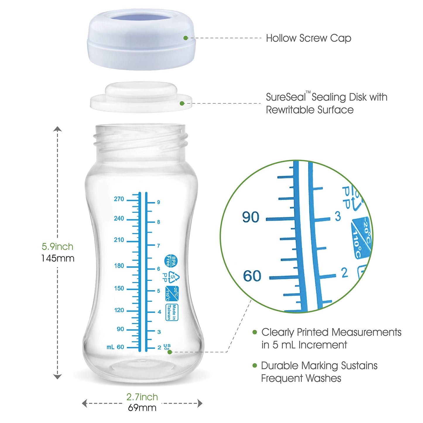 Maymom Wide-Mouth Milk Storage Collection N Feeding Bottle With Nipple, Dome Cap, Bottle Top, Sureseal Disk; Compatible With Spe