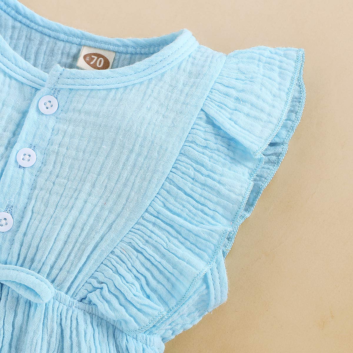 Younger Tree Toddler Baby Girl Ruffled Sleeveless Romper Casual Summer Jumpsuit Cotton Linen Clothes (Button-Sky Blue, 0-3 Month