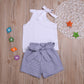 Toddler Baby Girl Sleeveless White Tank Top Shirts+Gray Stripe Shorts Pant With Bow Belt+Headband Summer Clothes Set 1-6T (White