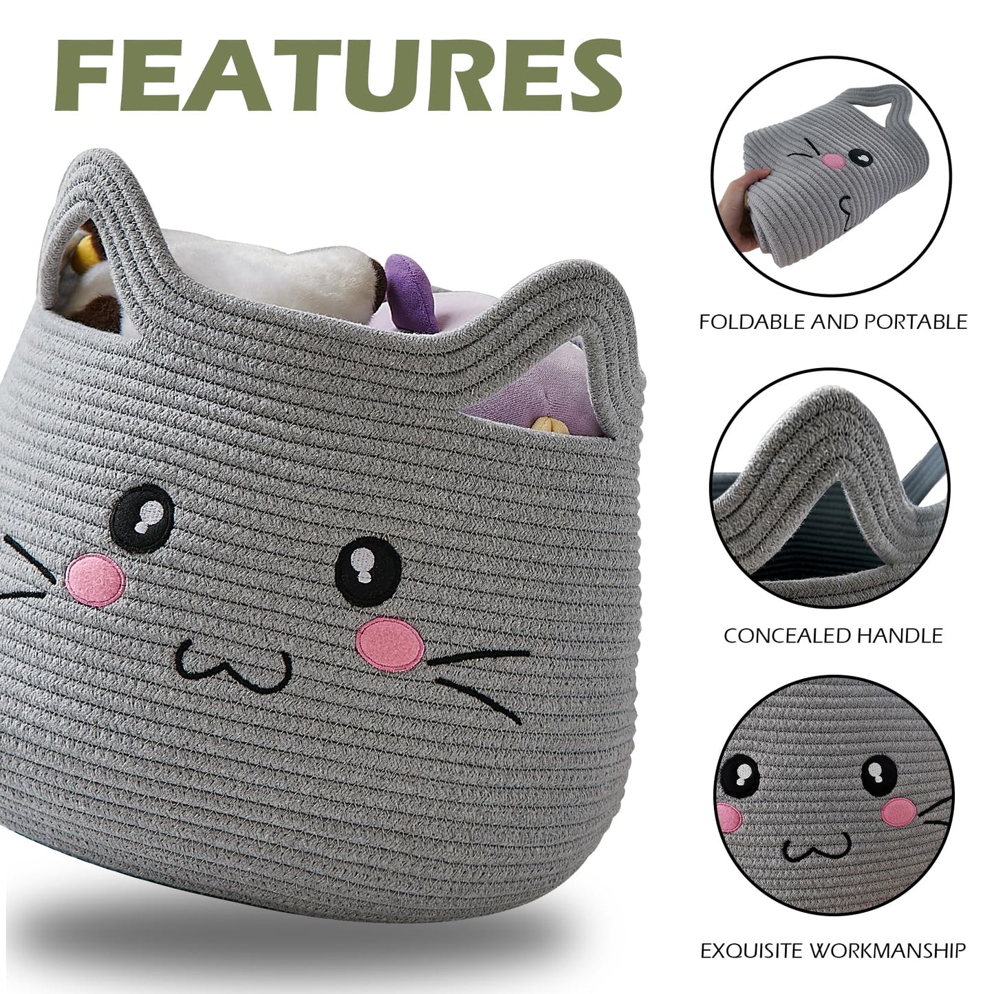 Omerai Animal Cat Basket, Cute Cotton Rope Woven Large Blanket Basket, Toy Storage For Nursery Decor And Laundry Organizer With