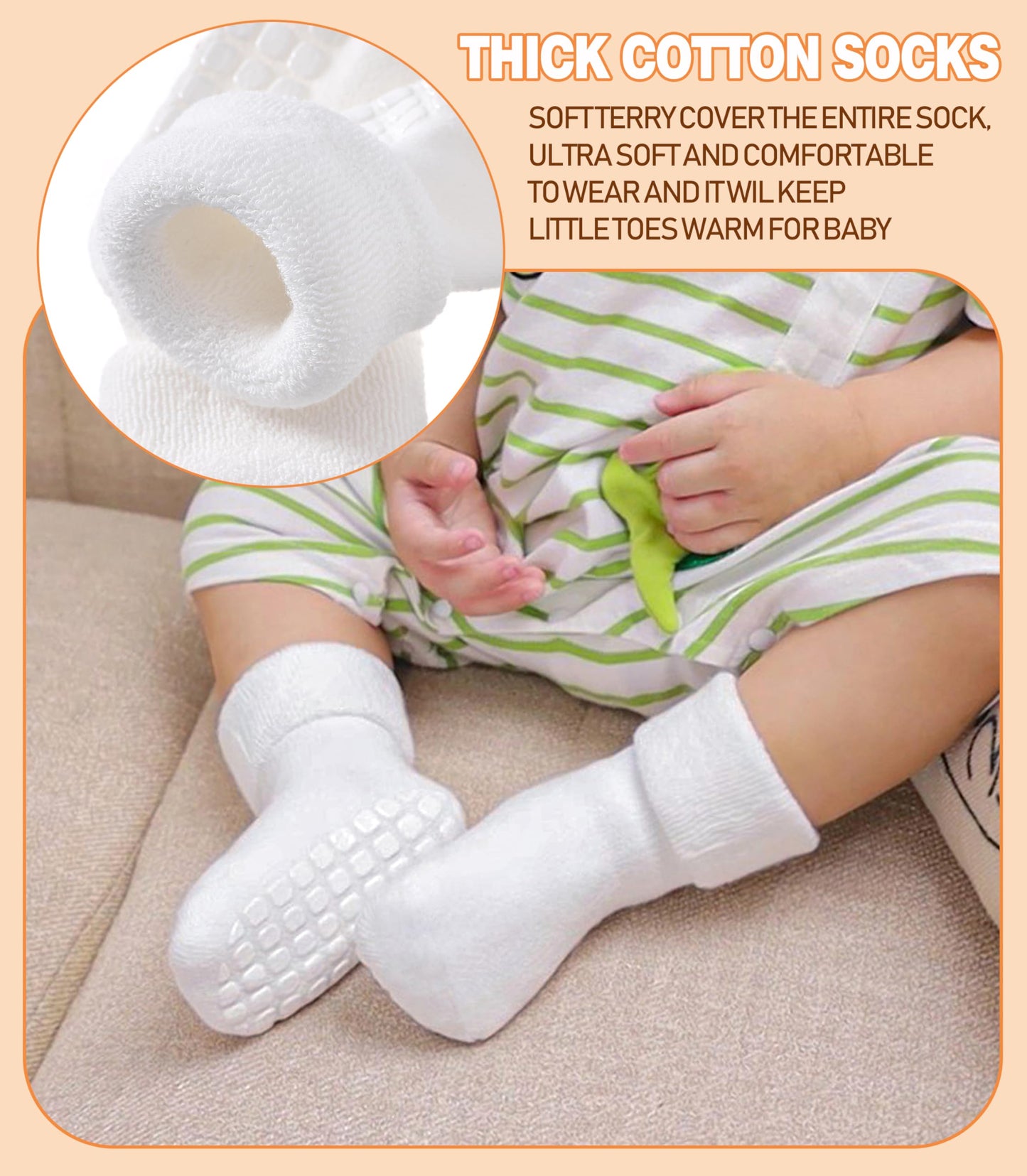 Lanleo Baby Girls Boys Non Slip Socks With Grips Toddler Kids Unisex Warm Thick Cotton Ankle Crew Socks With Grippers 6 Pairs Wh