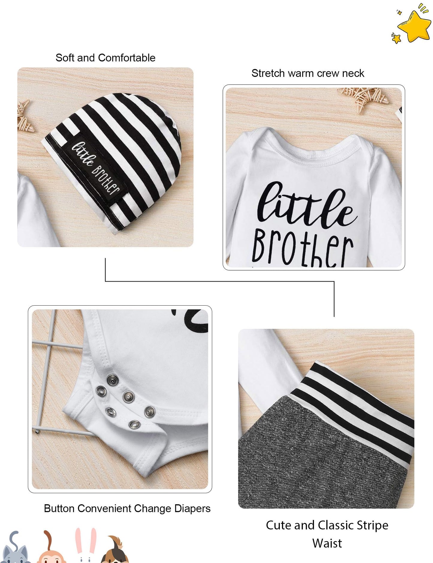 Fommy Newborn Baby Boy Clothes Little Brother Long Sleeve Romper+Long Pants+Stripe Hat 3Pcs Little Brother Newborn Outfit