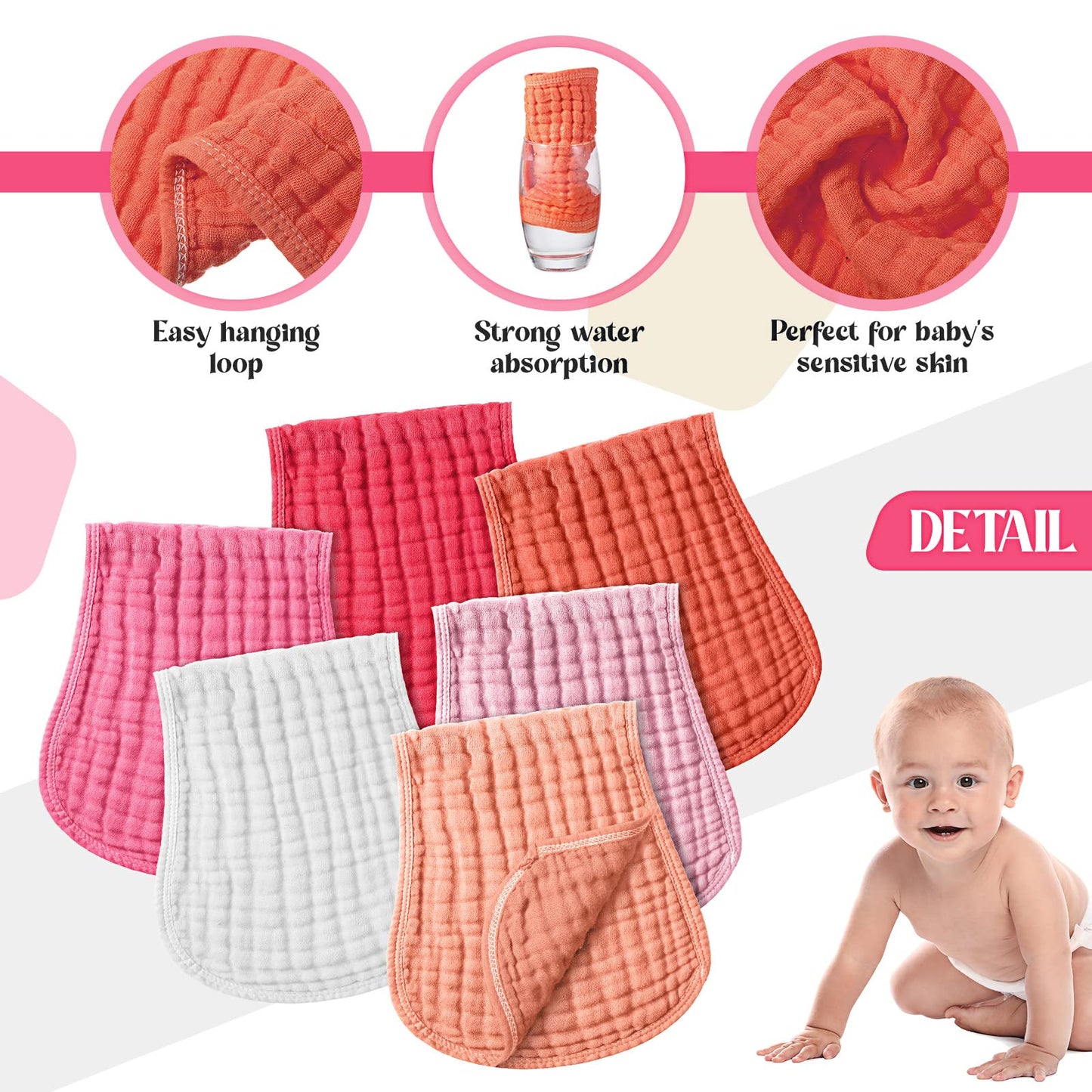 Frienda 6 Pack Muslin Burp Cloths Cotton Large 20x 9 Extra Absorbent and Soft Baby Burping Cloth for Baby Boy Girl Unisex(Pi
