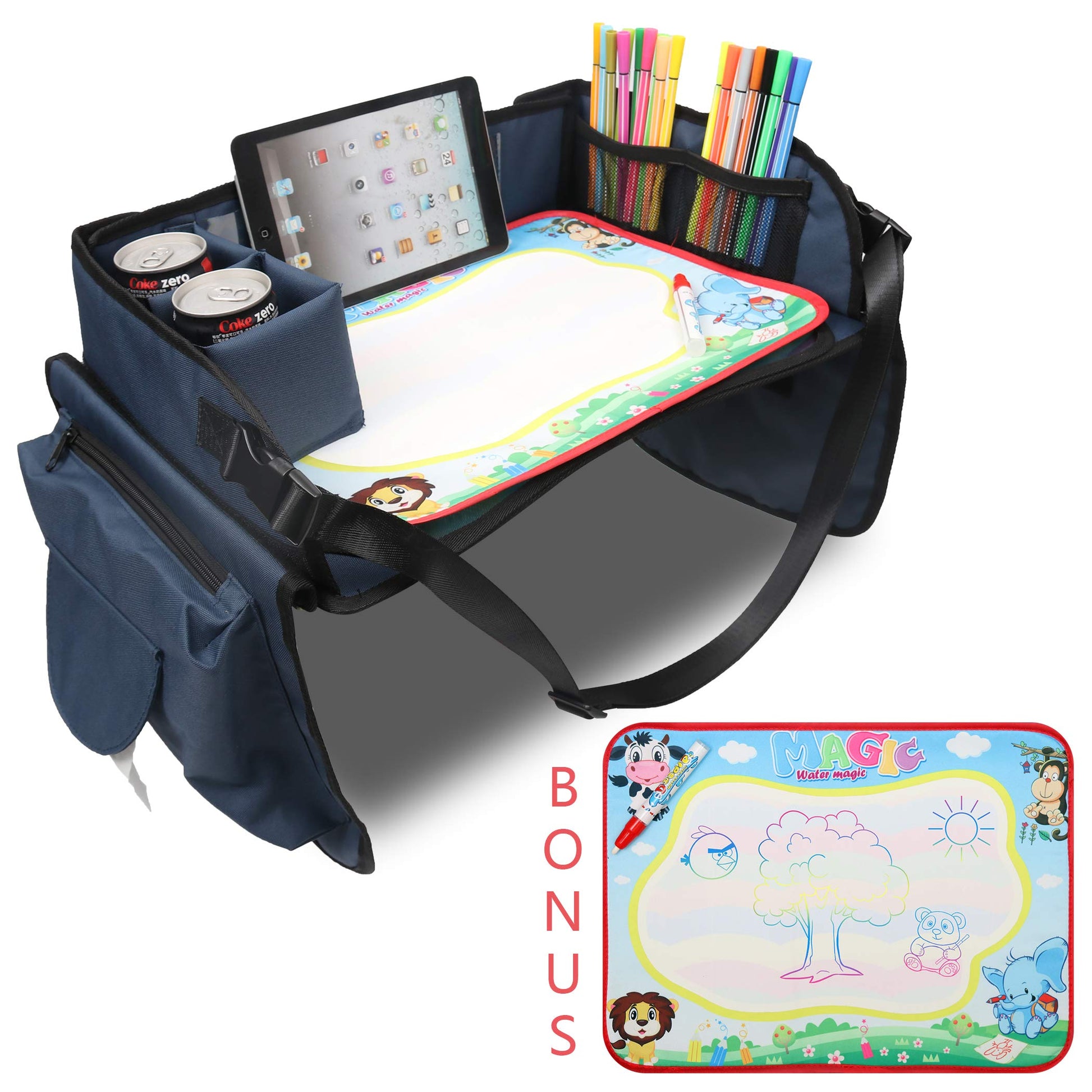 Becko US Childrens Travel Toy Tray Kids Car Seat Snack, Game Tray Activity Table for Stroller, Car, Airplane, Road Trip with Doo
