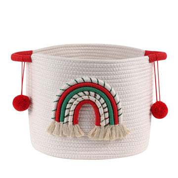 Christmas Basket Cotton Rope Blanket Storage Basket Large Christmas Buckets With Red Handles, Laundry Basket With 3D Rainbow Raf