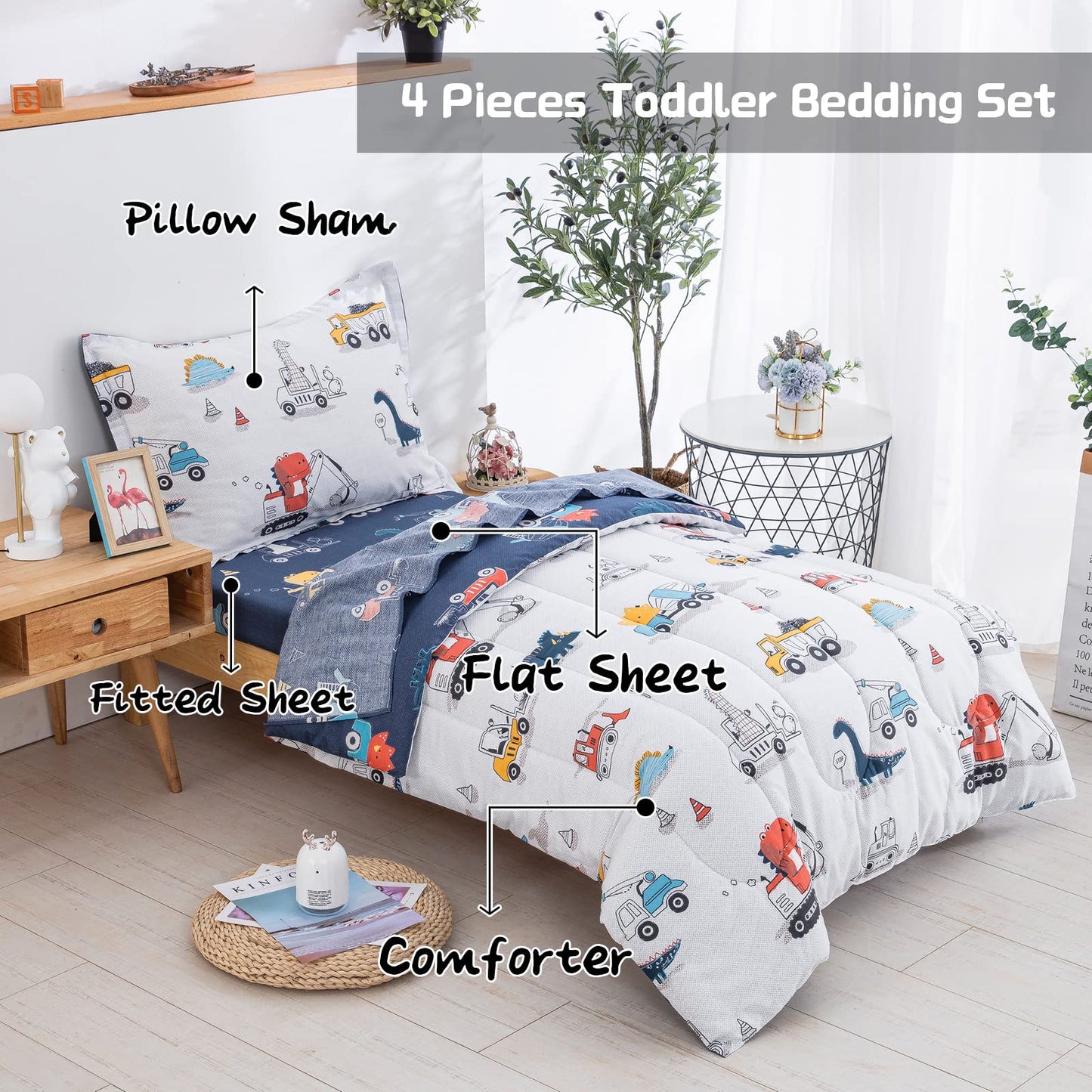 Djy 4 Pieces Cotton Toddler Bedding Set, Dinosaur Cars Reversible Toddler Bed Comforter Set For Kids Boys Girls, Includes Quilte