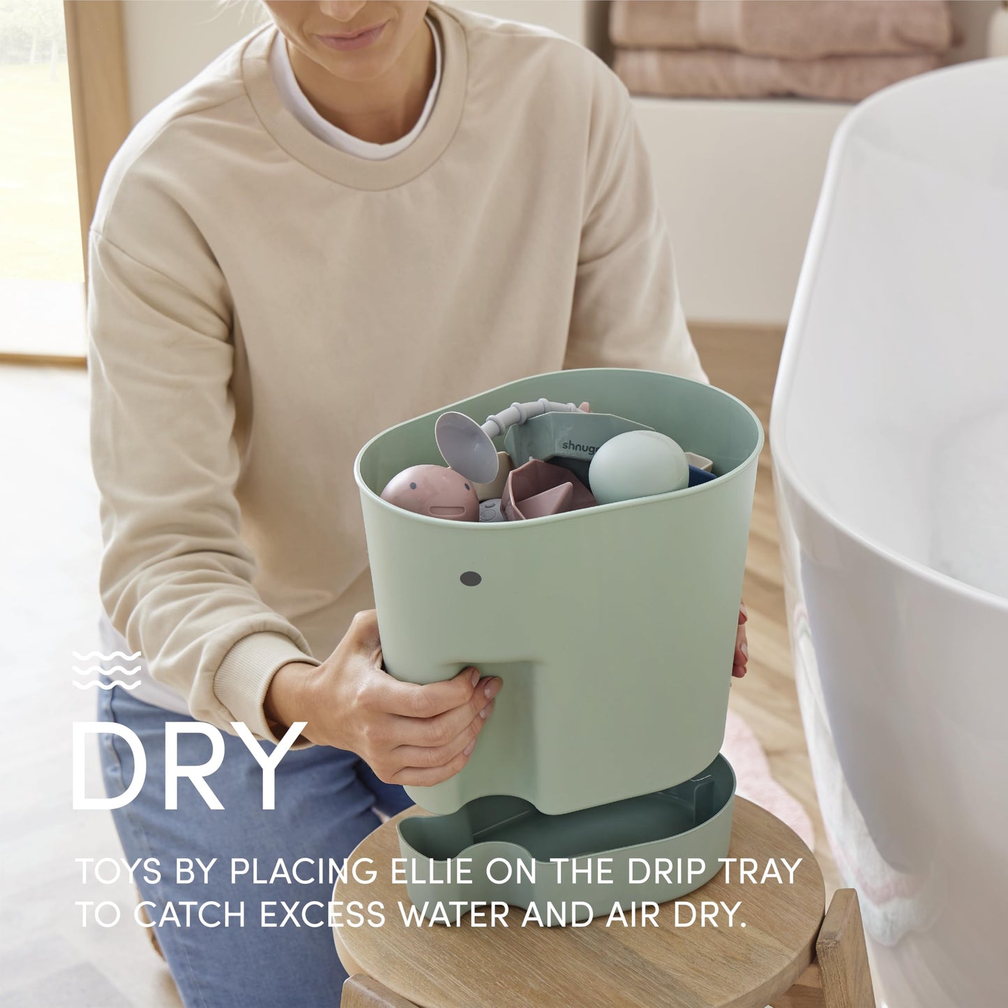 SHNUGGLE Ellie Bath Toy Storage Scoop | Baby & Toddler Bath Toy Drying Caddy with Drip Tray - Eucalyptus Green