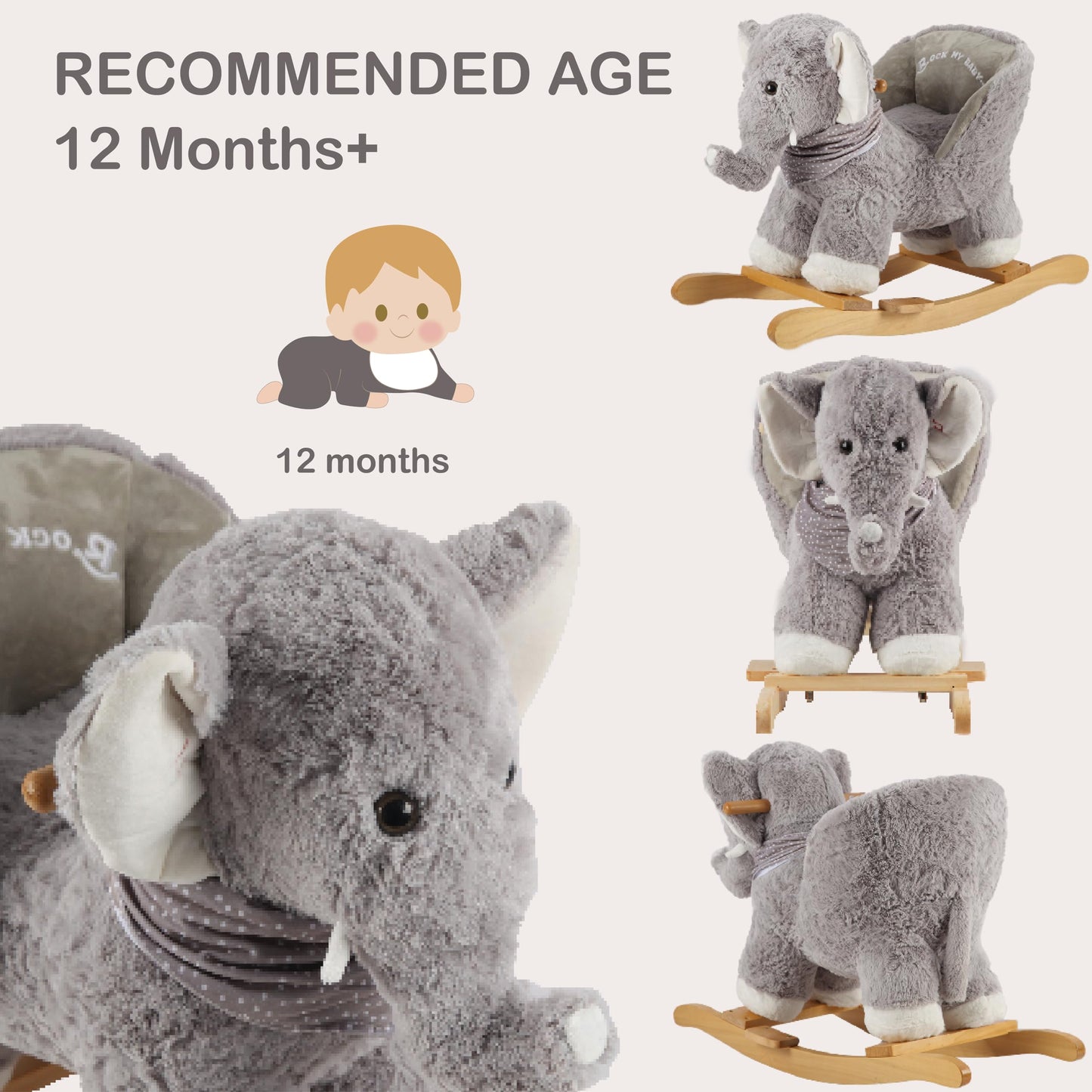 Rock My Baby Rocking Horse Elephant with Chair, Plush Stuffed Rocking Animals, Baby Rocker with Sweet Music, Animal Ride on for