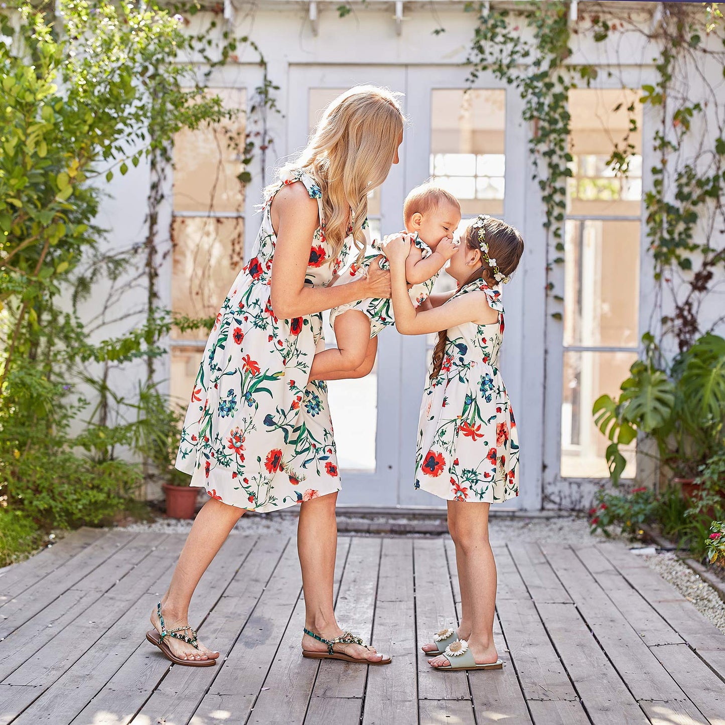 Popreal Mommy And Me Floral Printed Sleeveless Bowknot Chiffon Beach Romper Family Match Dress,White,Baby-3-6Months