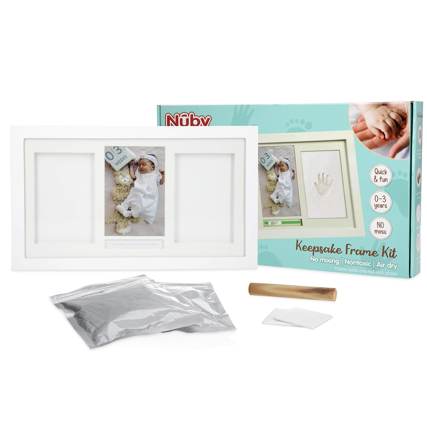 Nuby Baby Hand & Footprint Kit With Wall Decor Frame That Holds One 4 X 6 Photo & 2 Clay Print Kits For Newborn Girls & Boys, Pe