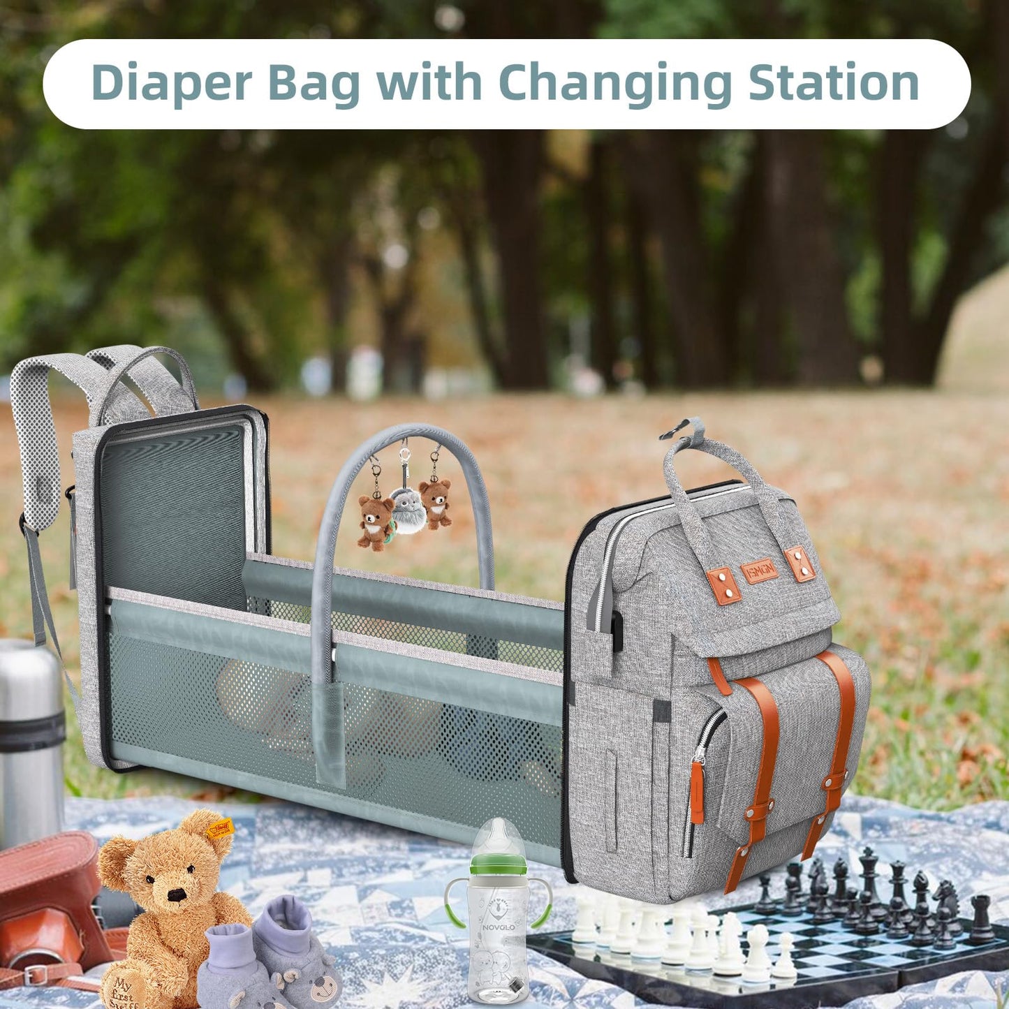 Ismgn Diaper Bag Backpack With Changing Station, Large Diaper Bag, Baby Bag, Multifunctional Diaper Bag, Gray