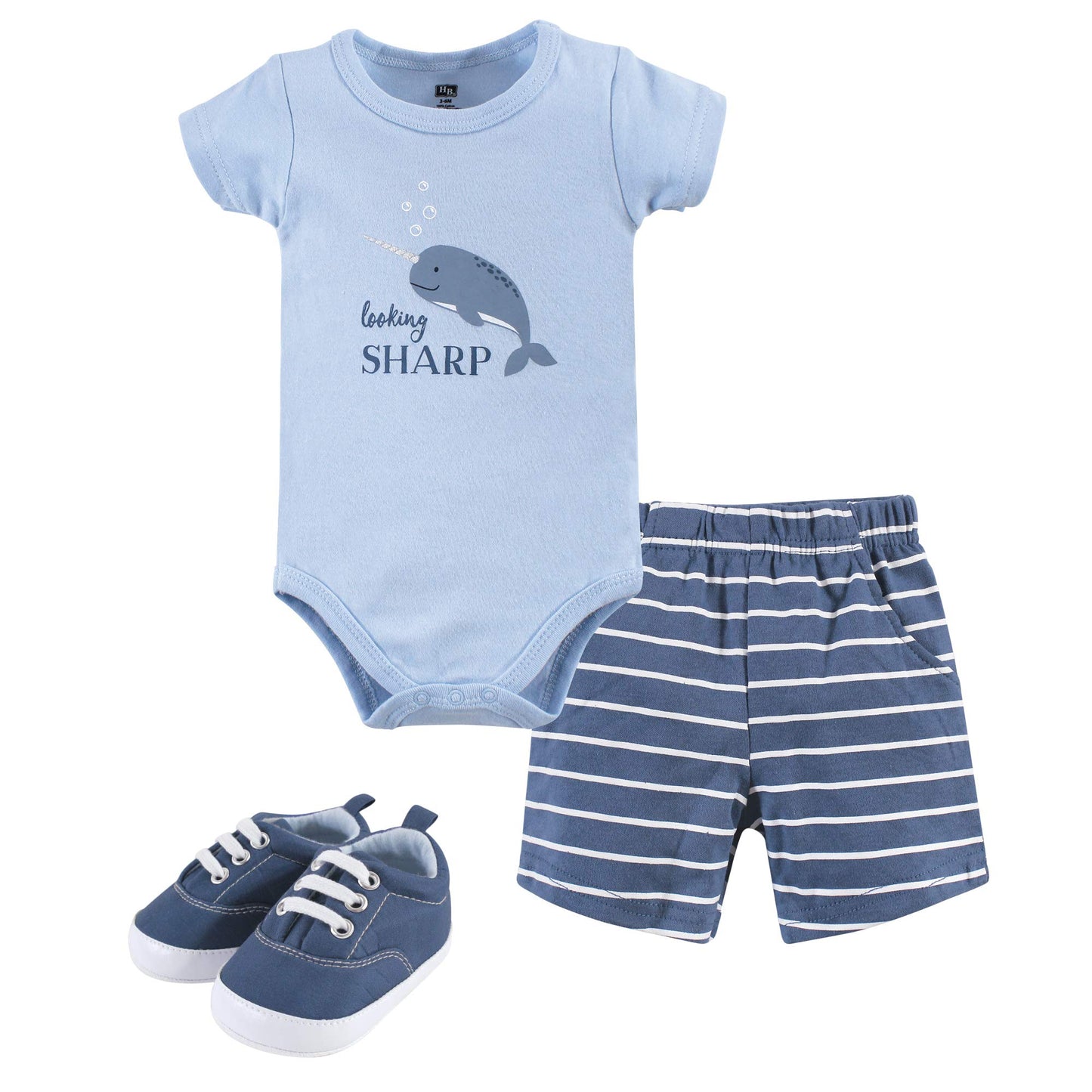 Hudson Baby Unisex Baby Cotton Bodysuit, Shorts And Shoe Set, Narwhal, 9-12 Months
