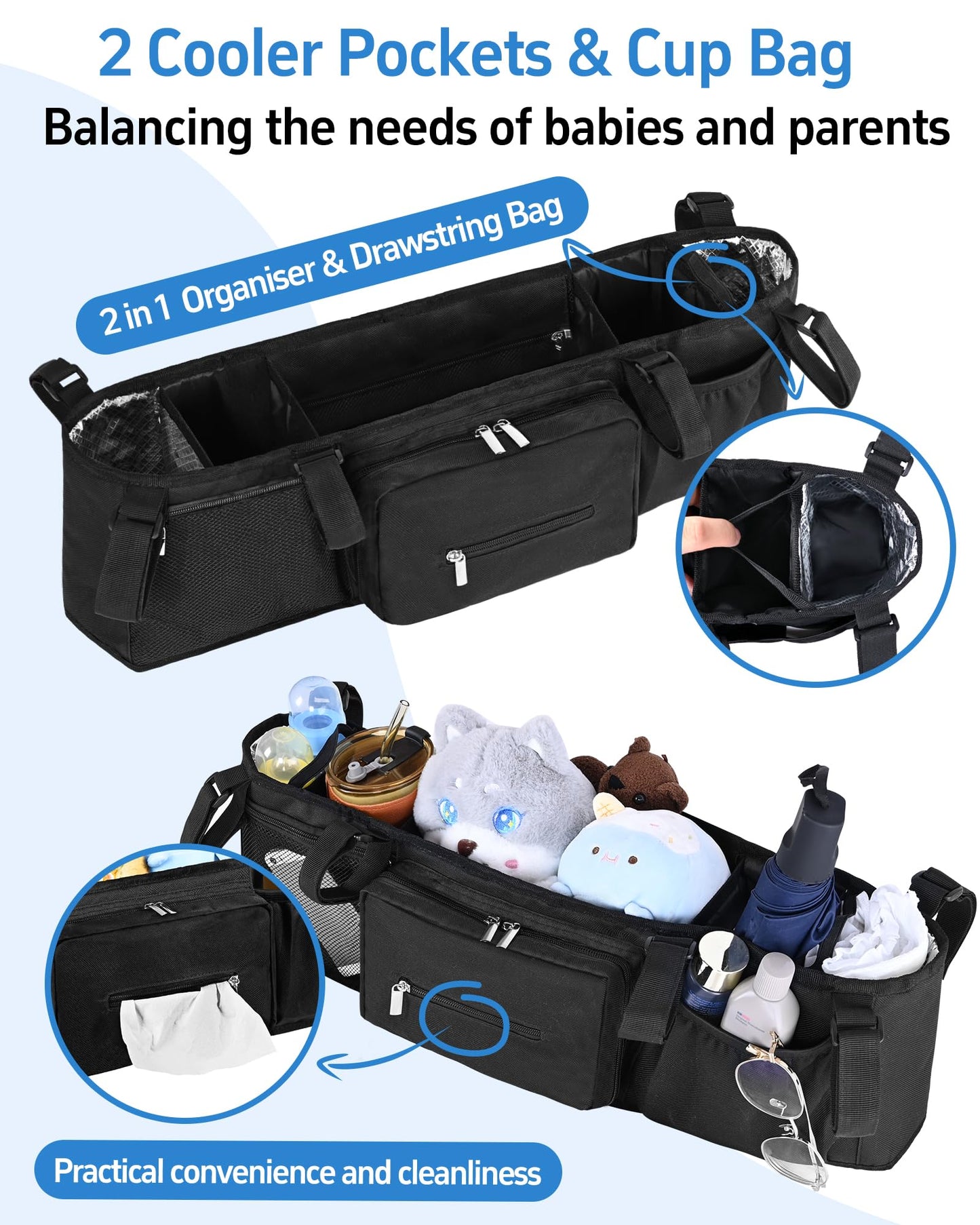 Telawsfun Double Stroller Organizer Compabitle For Bob Duallie And Baby Jogger City Mini Gt2 With Cooler Bags, Compabitle For Ba